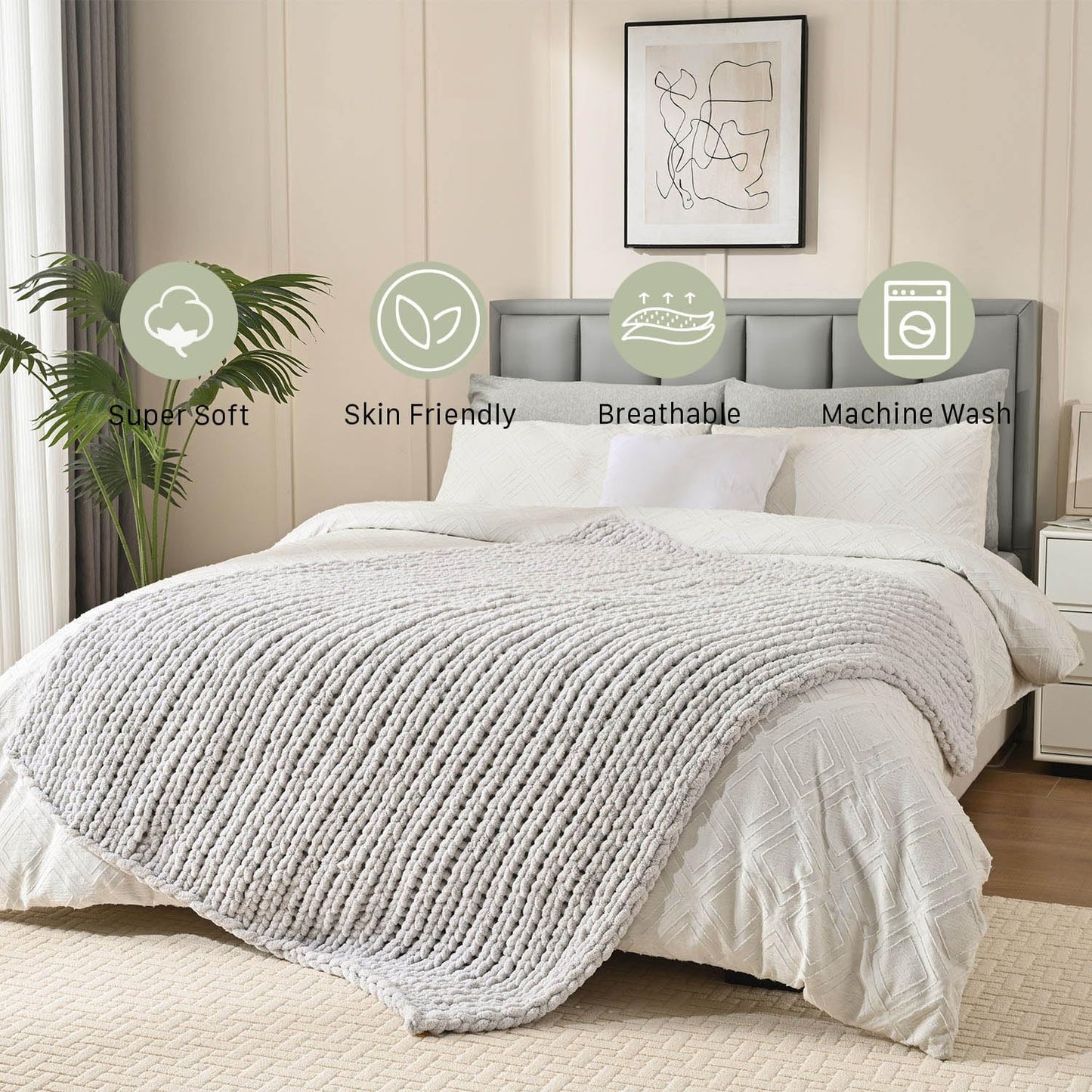 Esterra Chunky Knit Blanket Throw 60"x80", 100% Hand Knitted Chenille Throw Blanket, Cozy Soft Thick Cable Knit Throw Large Rope Knot Crochet Throw Blanket for Sofa Couch Bed, Light Gray