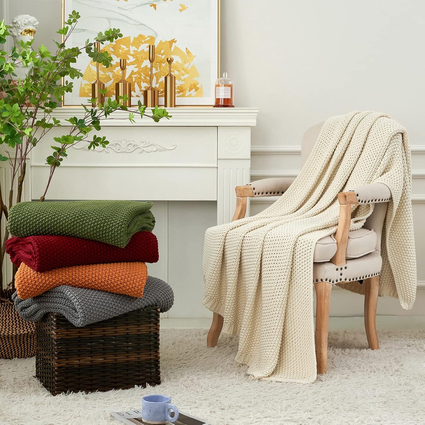 Chunky Cable Knit Throw Blanket Lightweight Wine red 100% Organic Cotton Blanket for Sofa Couch Bed Baby Nursery, Rustic Shabby Chic Modern Farmhouse, 60” x 80” Give Laundering Bag
