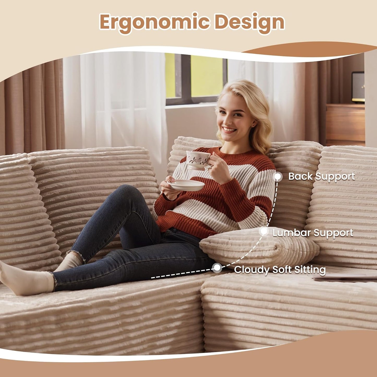 HOOOWOOO Cloud Sectional Couches for Living Room,Modular Sectional Sofa No Assembly,Plush Corduroy Large Floor Couch Furniture Set with Deep Seat Double Chaise and Singlar Lounge(Beige)