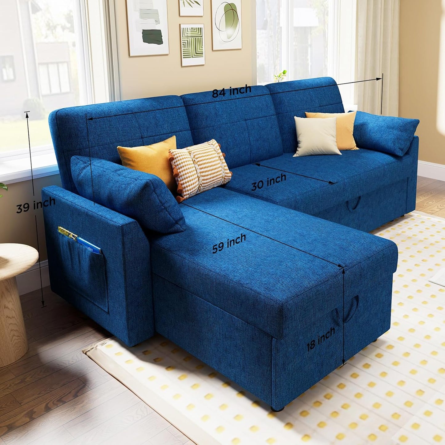 VanAcc Sleeper Sofa - 2 in 1 Pull Out Couch Bed with Storage Chaise for Living Room, Linen Blue