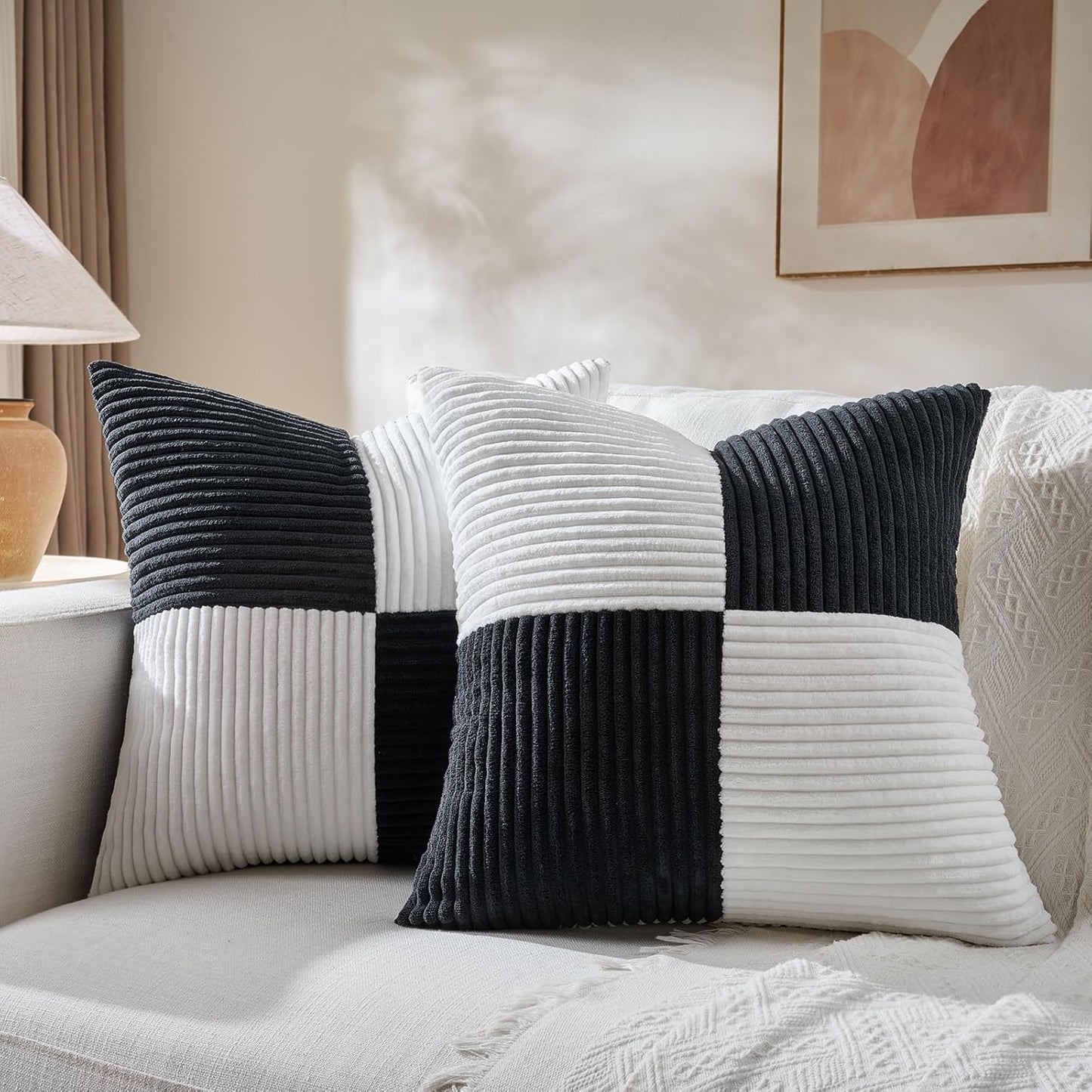 Fancy Homi Set of 2 Black White Decorative Throw Pillow Covers 20x20 Inch for Living Room Couch Bed Sofa, Farmhouse Boho Home Decor, Soft Cross Corduroy Patchwork Accent Square Cushion Case 50x50 cm