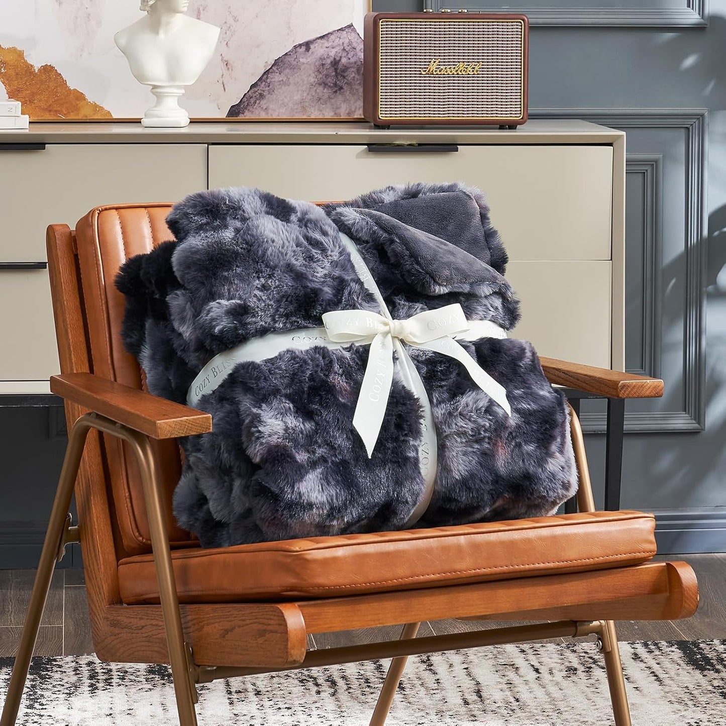 Cozy Bliss Faux Fur Throw Blanket for Couch, Fuzzy Soft Plush Thick Bubble Blanket for Sofa Bedroom Living Room, 108 * 90 Inches Tie Dye Black