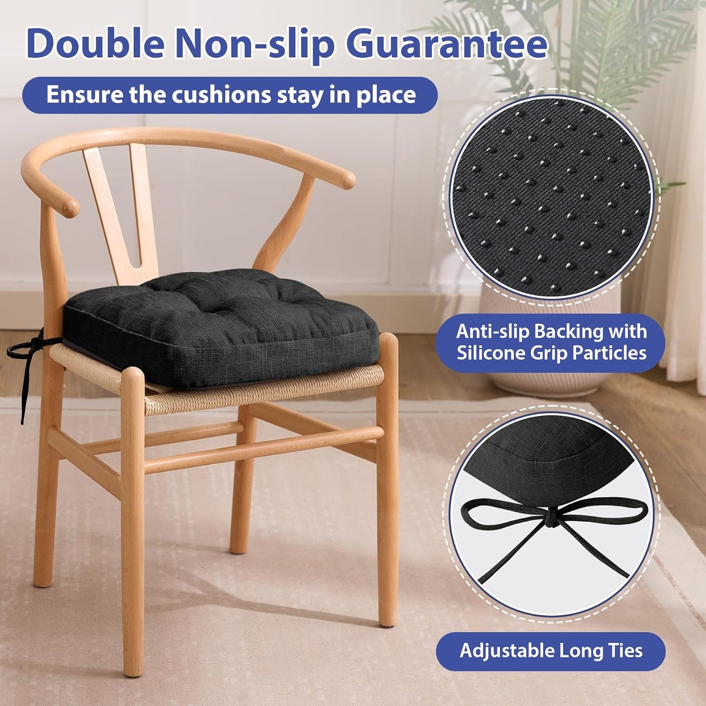 Chair Cushions, Foam Dining Chair Cushions, Tufted Indoor Chair Pads, 16.5” x 16.5” x 3.5”, Set of 2, Black