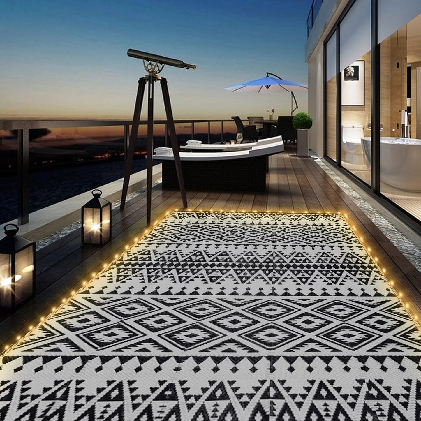 8x10ft Waterproof Outdoor Rug with LED Lights, Bohemia Reversible Plastic Straw Mat for Patio RV Camping Picnic Balcony Beach Deck Indoor Outdoor Carpet, Black&White