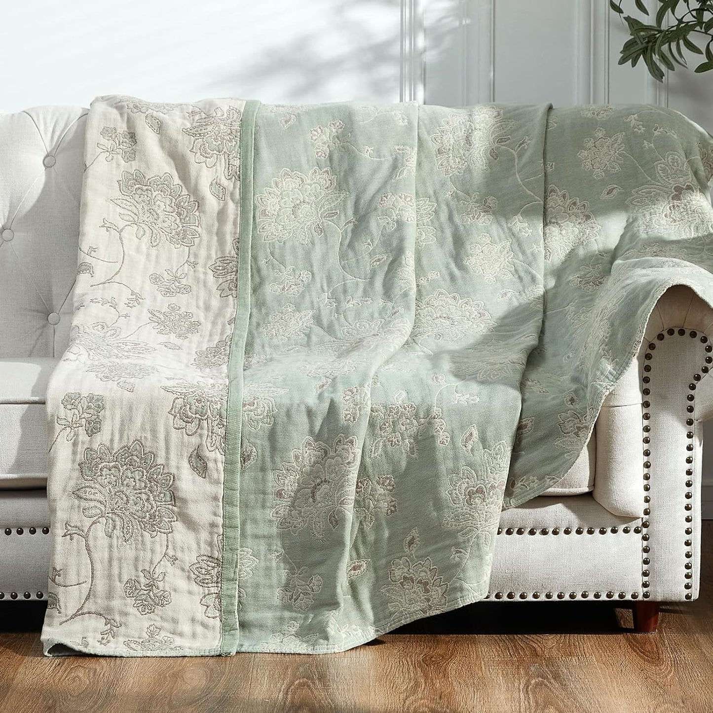 jinchan Boho 100% Cotton Muslin Twin Size 60x80 Inches Blanket Lightweight 4-Layer Quilted Soft Green and Beige Floral Throw Blanket Reversible Comfy Flower Breathable All Seasons Couch Bedroom Decor