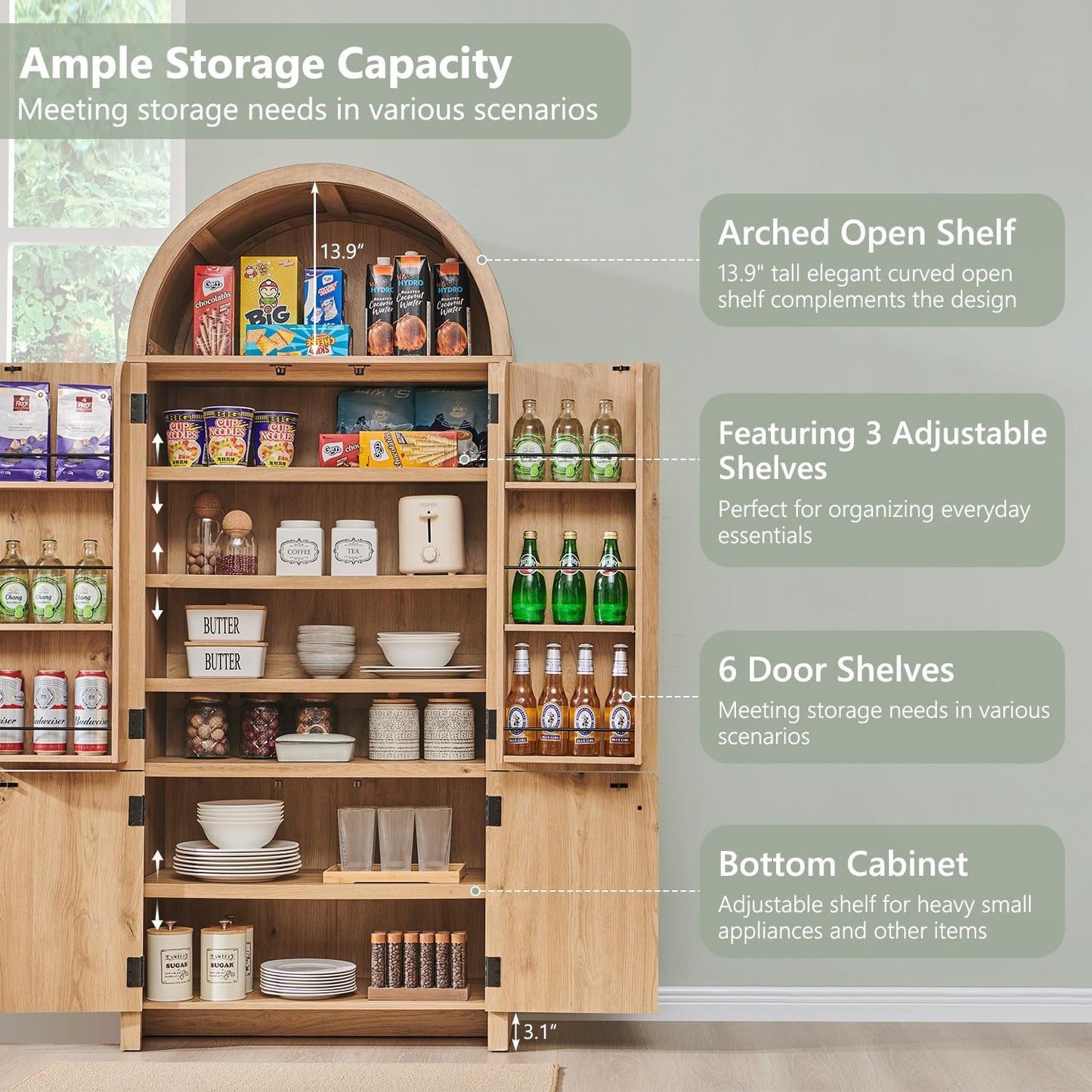 71" Tall Arched Bathroom Storage Cabinet, Modern Fluted Storage Cabinet w/Doors, 3 Adjustable Shelves, 6 Door Shelves, Wood Freestanding Cabinet for Bathroom, Entryway, Hallway, Natural