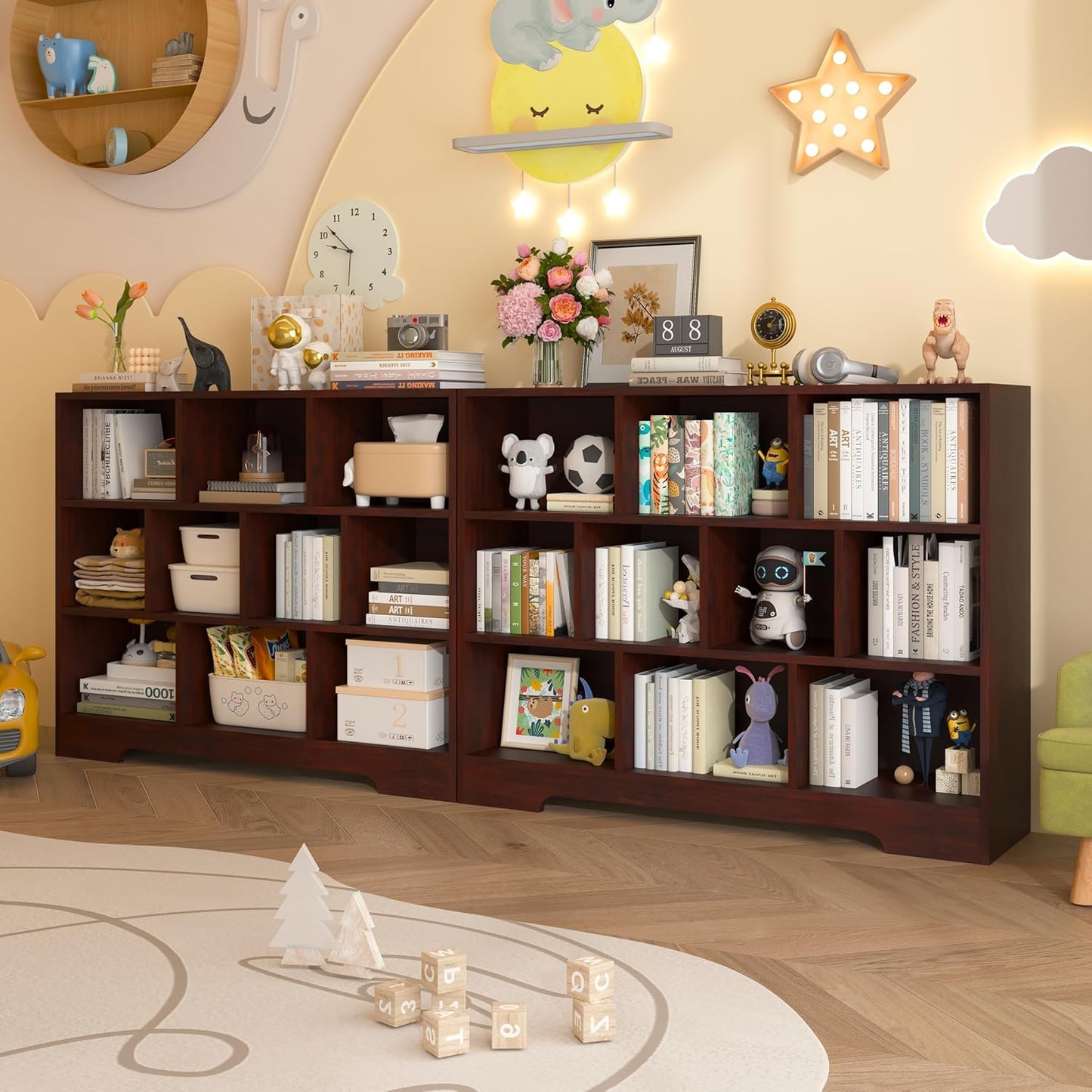Book Shelf, 10 Cubes Storage Organizer, 3-Tier Open Shelf Wooden Bookcase, Freestanding Cherry Bookshelf Cube Shelf for Bedroom, Living Room, Home Office