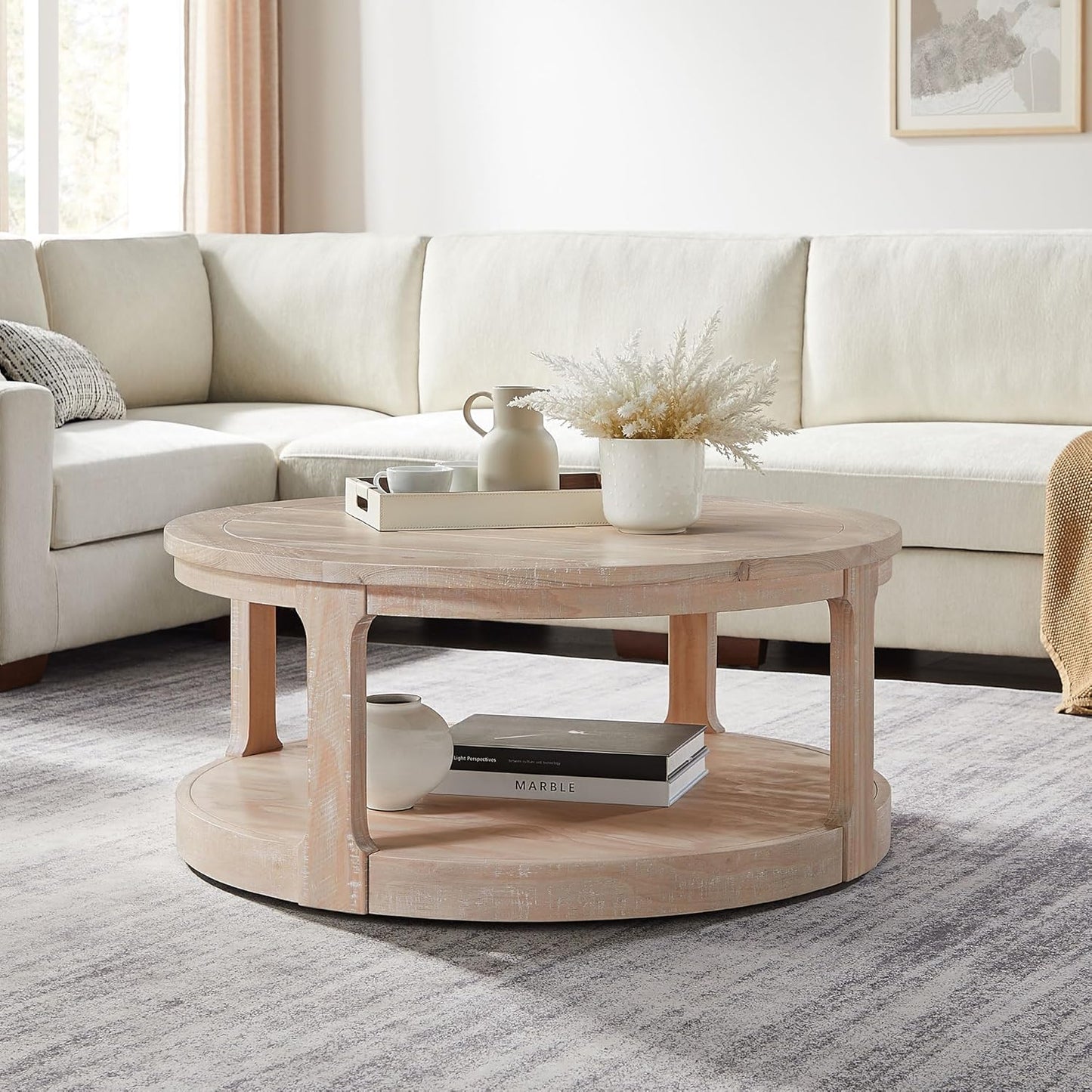 WILLIAMSPACE 40" Round Coffee Table with Wheels, Circle 2 Tier Solid Wood Center Coffee Table, Mid Century Retro Farmhouse Rounded End Table for Living Room Apartment, ø40 x 17.52" H (Oak)