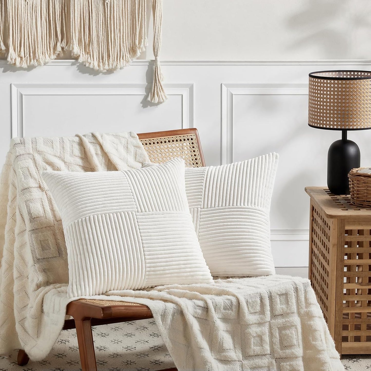 Fancy Homi 2 Packs Cream White Euro Decorative Throw Pillow Covers 28x28 Inch for Couch Bed Sofa, Farmhouse Boho Home Decor, Soft Corss Corduroy Patchwork Textured Square Cushion Case 71x71 cm