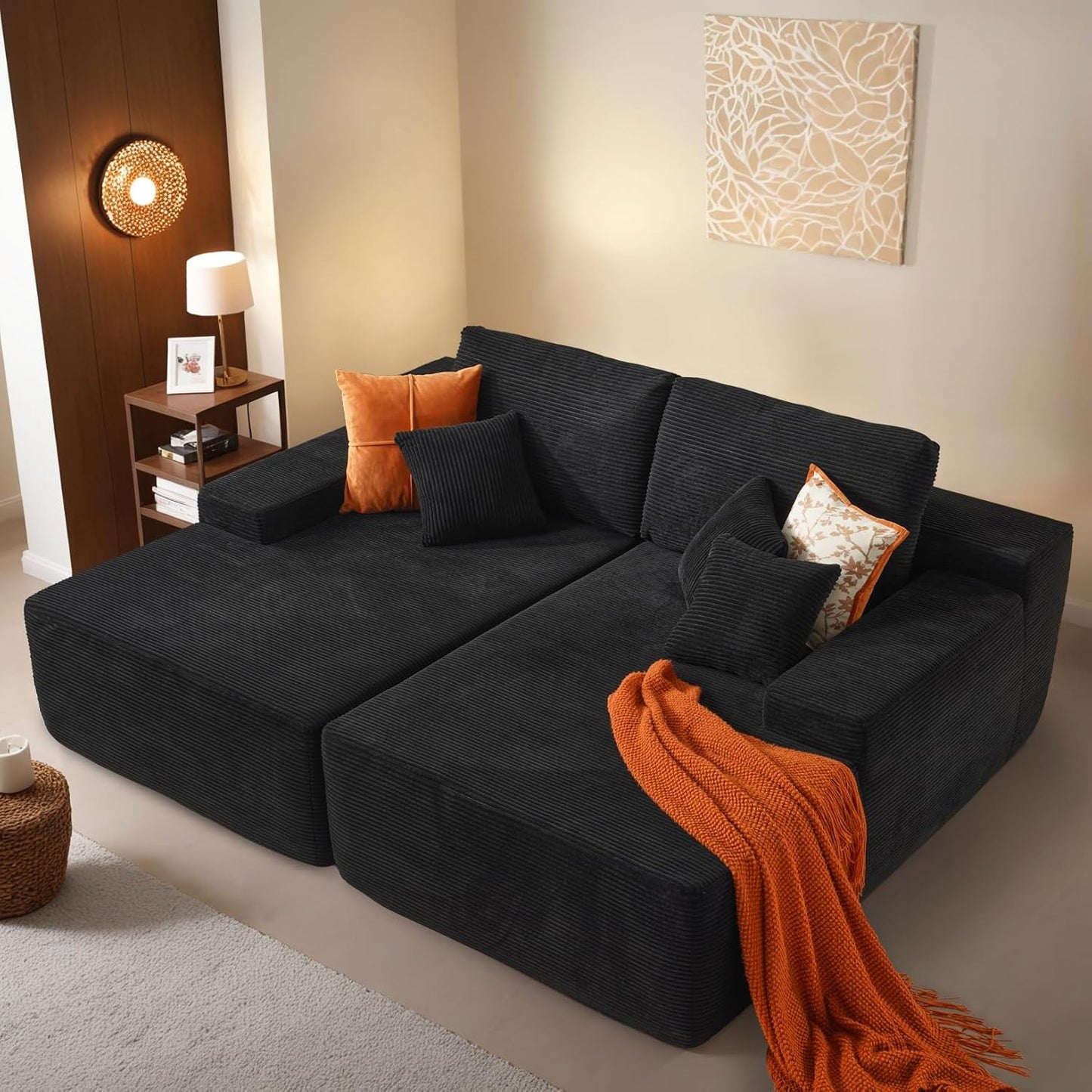 ovios 81" Oversized Sectional Double Lounge Chaise with Cloud Plush Sofa Bed, No Assembly Required, Fluffy Modern Sleeper Loveseat Chair for Indoor Living Room Bedroom Reading, Black (Corduroy Fabric)