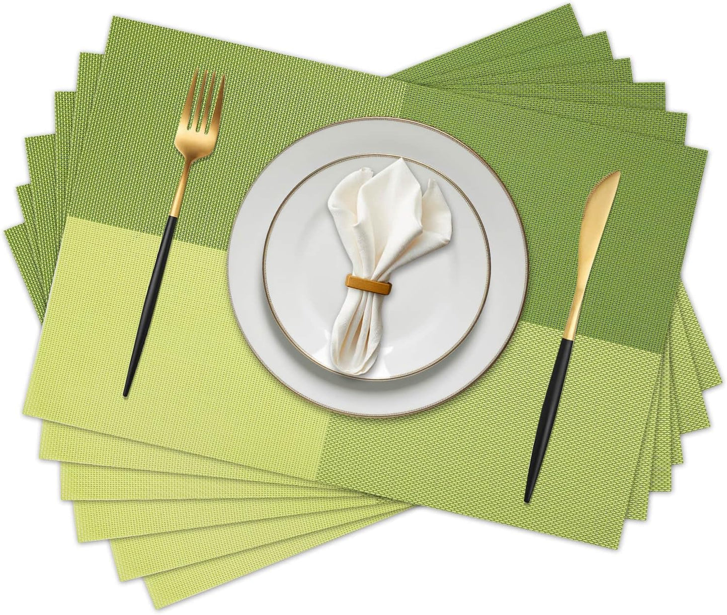 Vinyl Plastic Placemats Set of 6 Washable Heat Resistant Non-Slip Elegant Indoor Outdoor Kitchen Dining PVC Woven Table Place Mats (Matcha Green Lattice Block)
