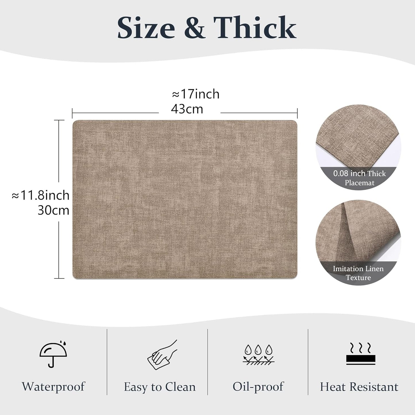 FROMHEART Faux Leather Placemats Set of 12–Waterproof,Heat/Oil Stain-Resistant PU Table Mat–Reversible,Non-Slip,Easy to Clean Place Mats for Kitchen,Dining,Indoor/Outdoor,(Light Coffee,11.8" x 17")
