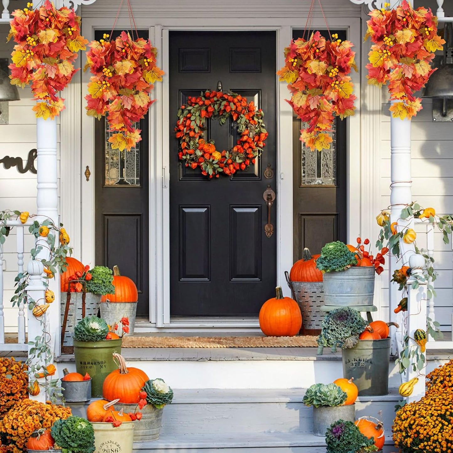 RECUTMS Fall Leaves Hanging Plant Artificial Fall Leaves Garland with Berry Fake Autumn Wall Hanging Leaf Vines for Home Halloween Party Door Frame Fireplace Decoration(Orange with Berry)