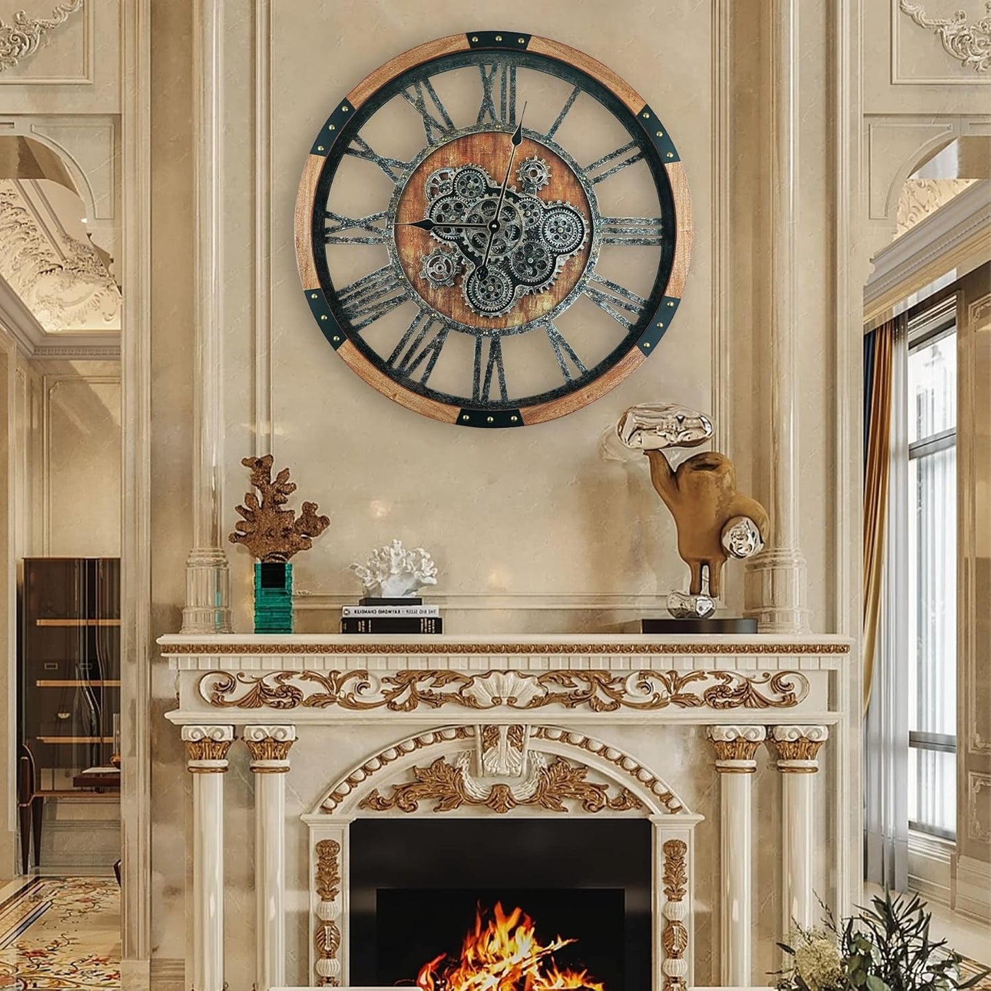 24 Inch Moving Gear Wall Clock, Oversized Wall Clocks, Clock Living Room Decor, Solid Wood Frame, Battery Operated, Large Wall Clock with Steampunk Industrial for Fireplace(Brown)