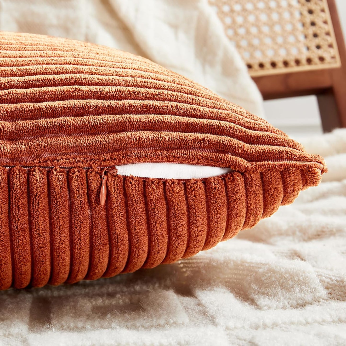 Fancy Homi Set of 2 Burnt Orange Decorative Throw Pillow Covers 18x18 Inch for Living Room Couch Bed, Boho Farmhouse Fall Home Decor, Soft Textured Corduroy Corss Patchwork Cushion Case 45x45 cm