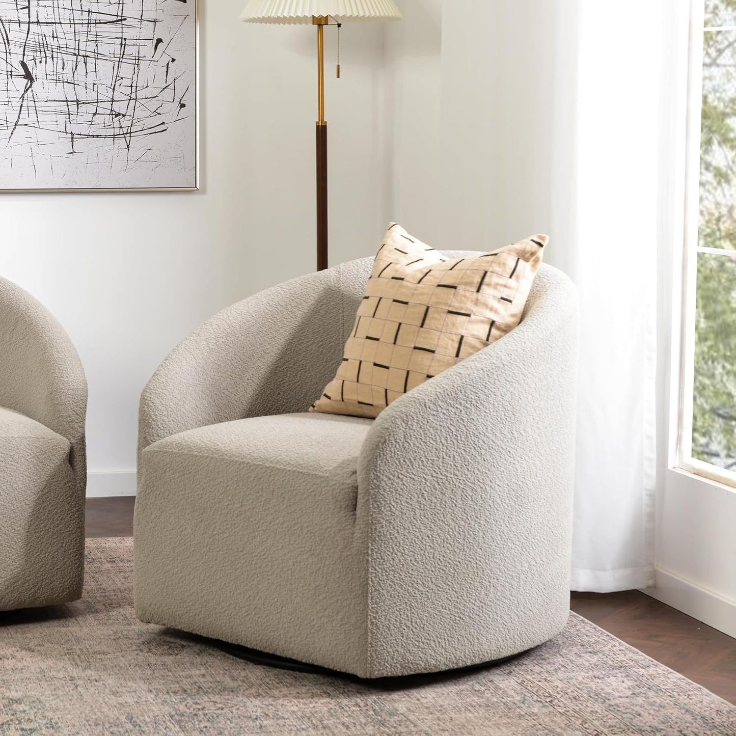KINWELL 32" Wide Modern Boucle Swivel Barrel Chair, No Assembly Round Upholstered Swivel Accent Armchair for Living Room, Bedroom, Office (Oatmeal)