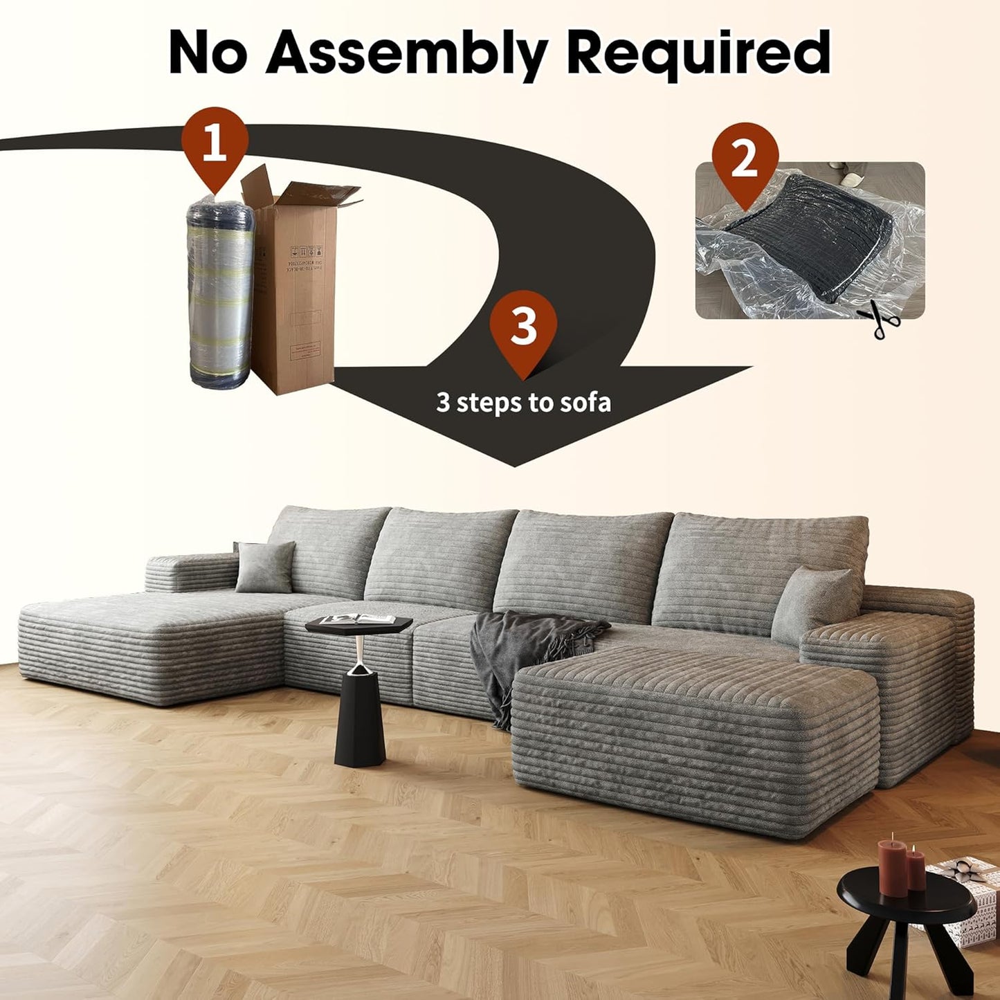 136" Sectional Couches for Living Room Modern Modular Sofa with L-Shape Couchs Upholstered Boneless Couch Deep Seat Sectional Couch with Chaise (Grey, Left Facing Chaise+3Seaters+Ottoman)