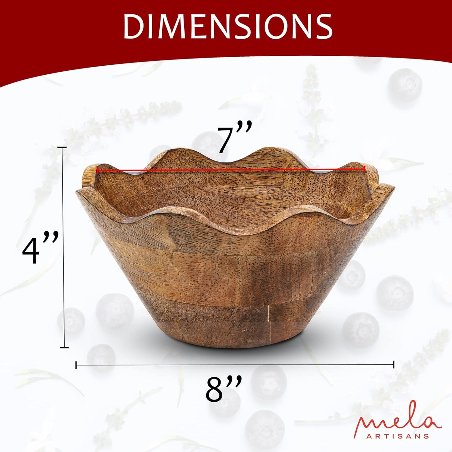 Mela Artisans Wooden Scalloped Bowl - Small | Ruffle Decorative Style | Rustic Kitchen Decor | Mango Wood | Natural Grain Finish | Fits Bread, Fruits, Salad or Popcorn | 8” x 4” x 7”