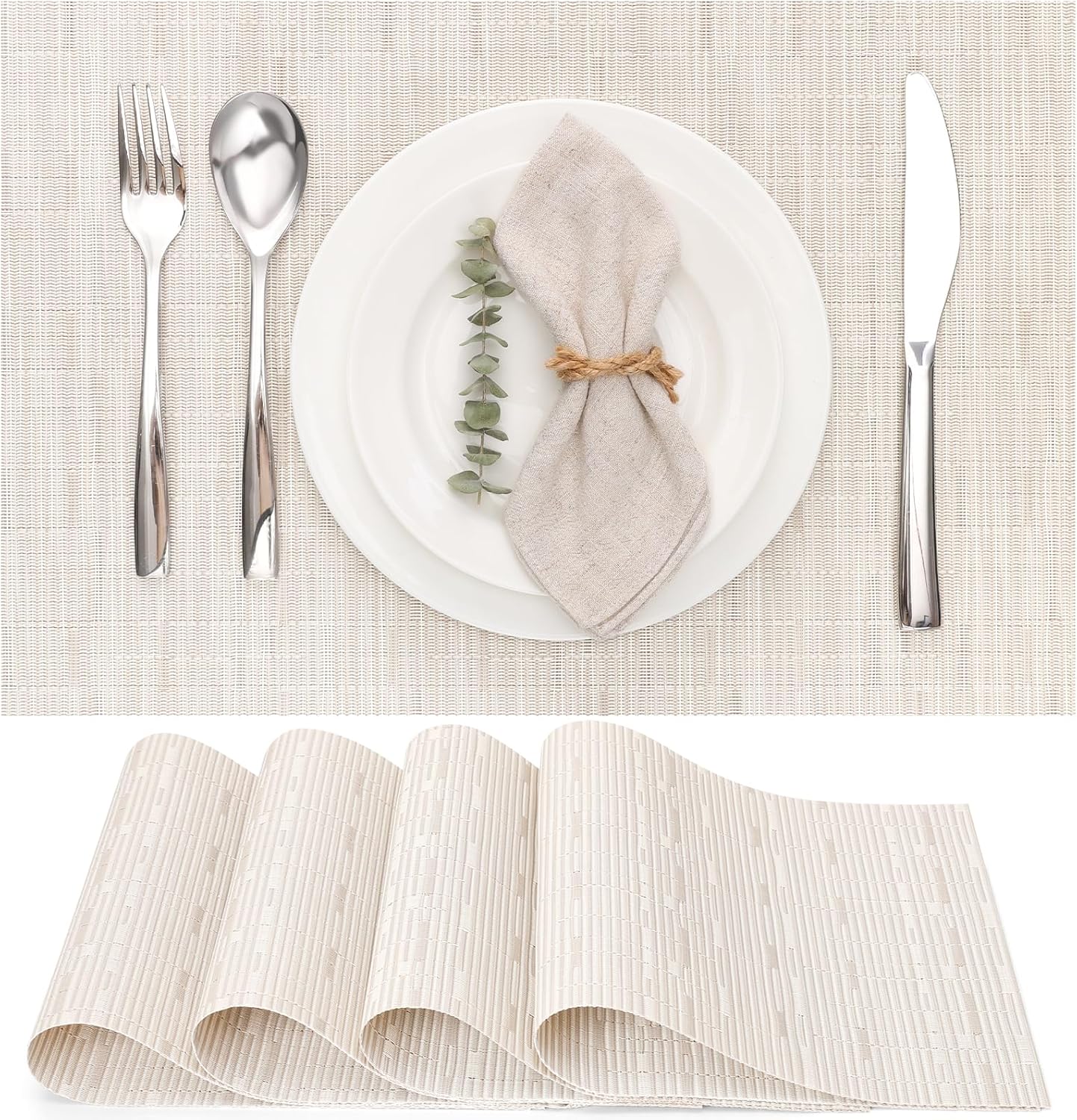 Myir JUN Placemats Set of 6, Vinyl Woven Placemats Place Mats Indoor Washable Table Mats Non-Slip Place mats for Dining Table (B-White, Set of 6)