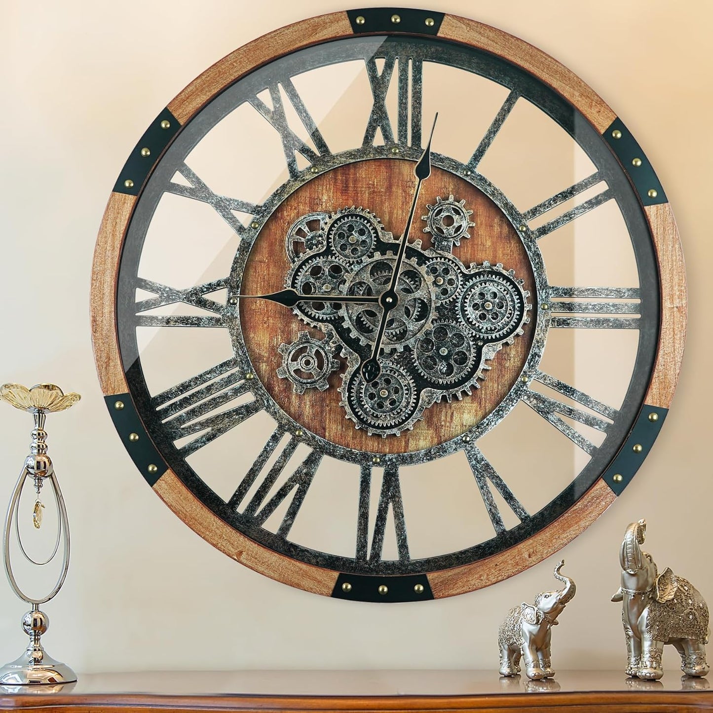 27 Inch Moving Gear Wall Clock, Oversized Wall Clocks, Clock Living Room Decor, Solid Wood Frame, Battery Operated, Large Wall Clock with Steampunk Industrial for Fireplace(Brown)