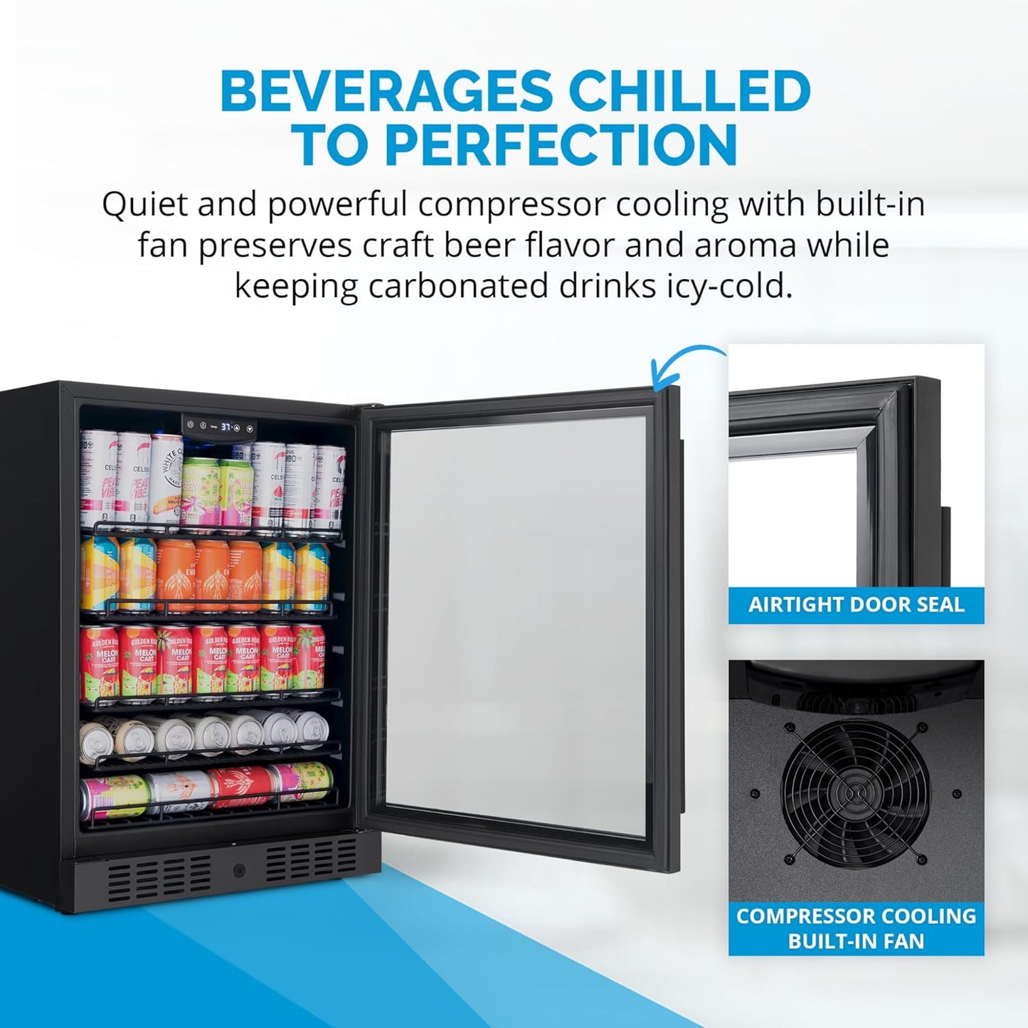 Newair 24" Beverage Refrigerator 177 Can Capacity, Black Stainless Steel Mini Fridge with Built-in Cooler and Glass Door, Cool your Soda, Beer, and Beverages to 37F