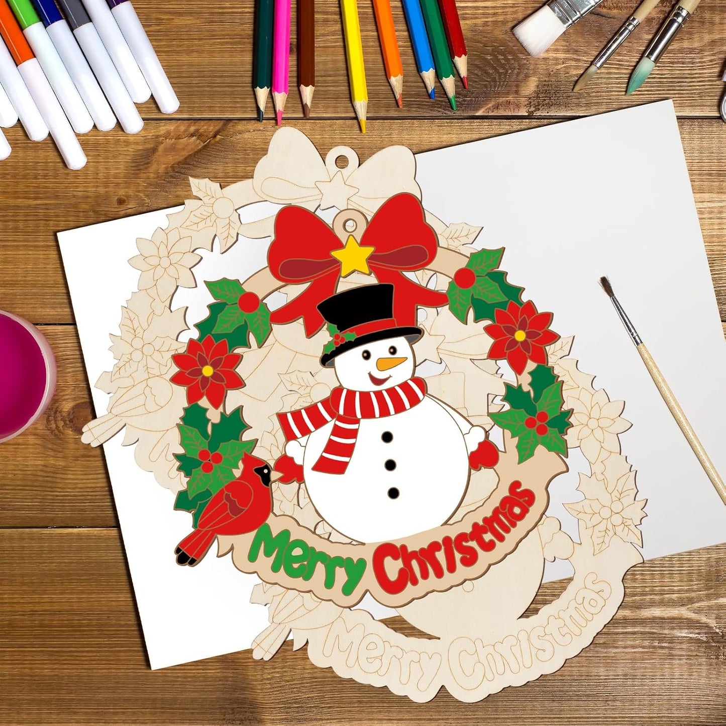 Paintable Christmas Ornaments 3 Sets, Wooden Snowman Ornaments to Paint, Unfinished Christmas Snowman Wreaths Wood Crafts for Painting, Wood Cutouts DIY Xmas Ornament for Door Decor (Snowman