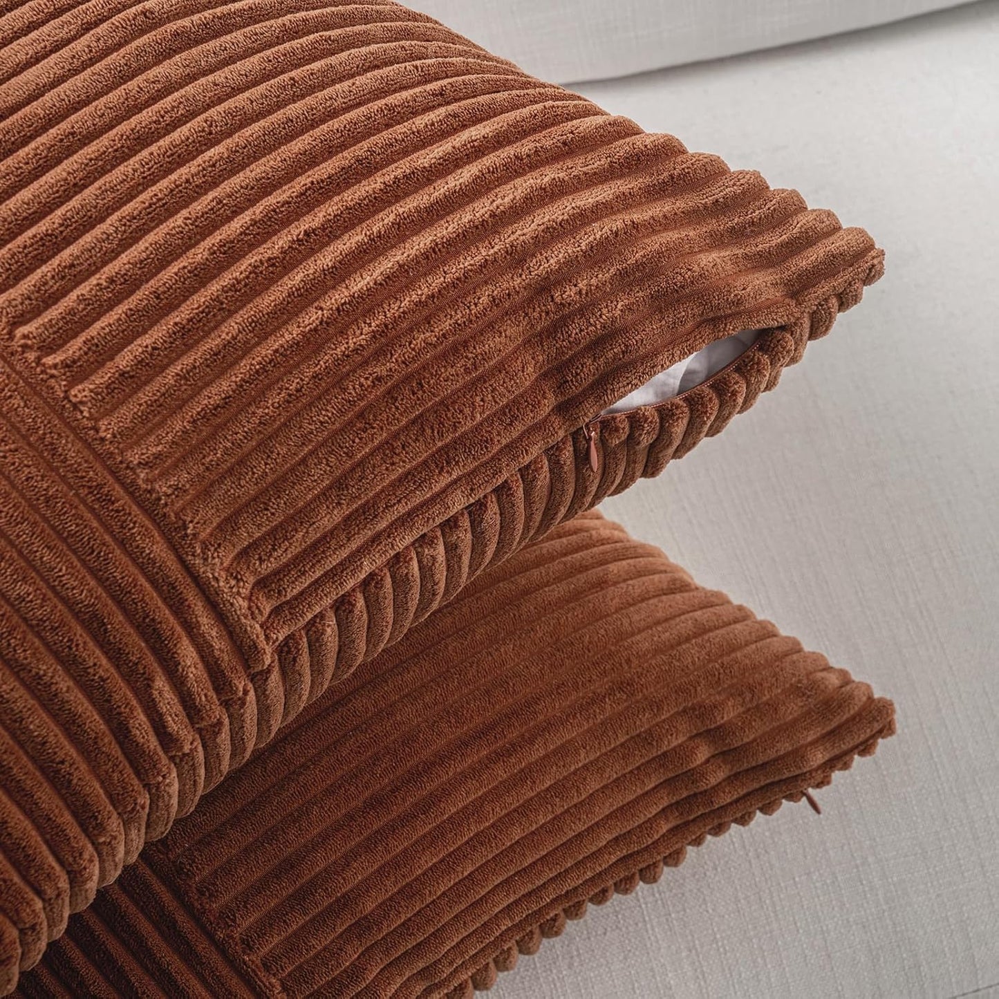 Fancy Homi 2 Packs Rust Euro Decorative Throw Pillow Covers 28x28 Inch for Bedroom Bed, Farmhouse Boho Home Decor, Soft Corss Corduroy Patchwork Textured Square Terracotta Cushion Case 71x71 cm
