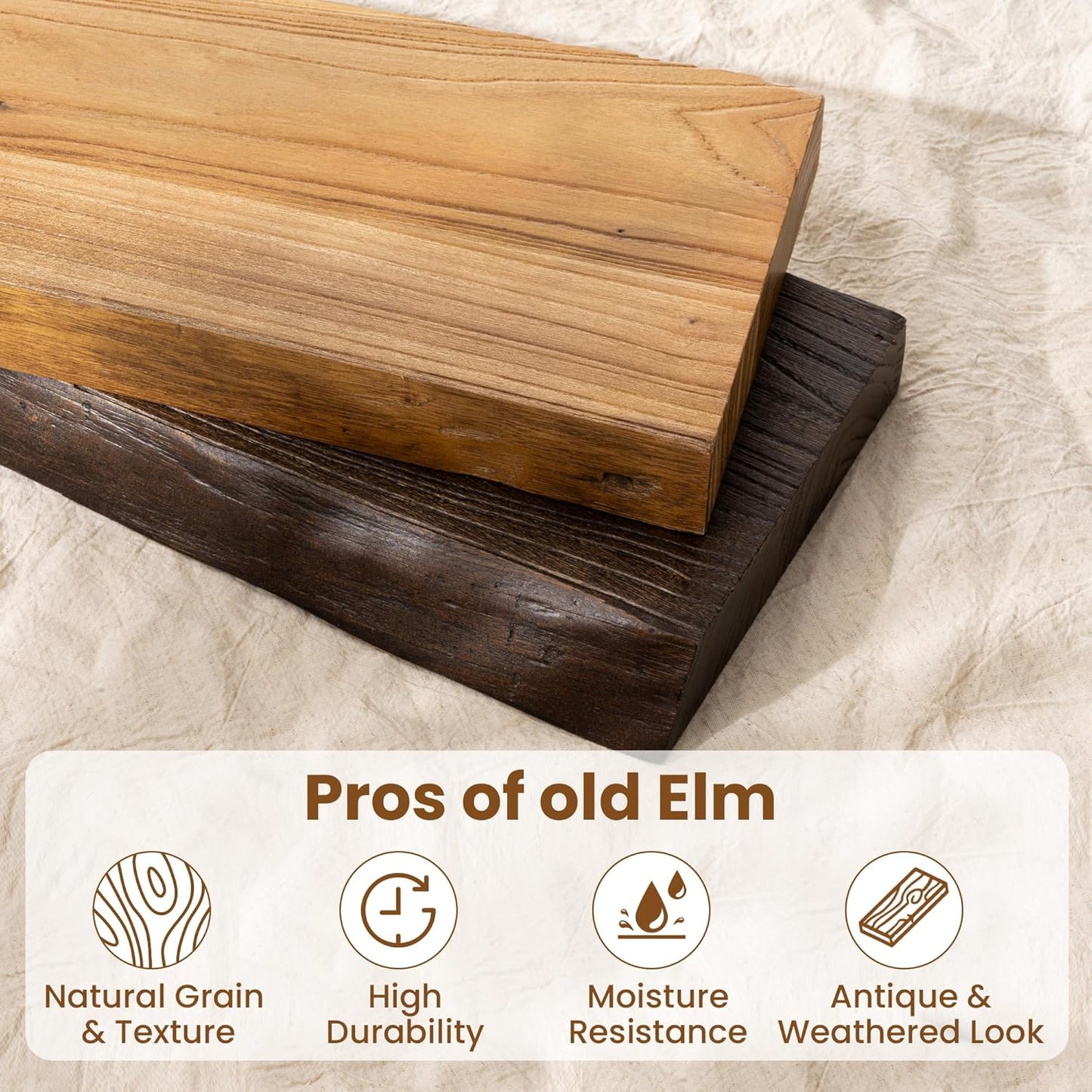 24" Floating Shelves, Live Edge Solid Elm Wood Floating Shelf, Wall Mounted Display Shelves with Heavy-Duty Bracket for Books, Rustic Wooden Shelf for Kitchen, Bathroom, Natural Color, Set of 2