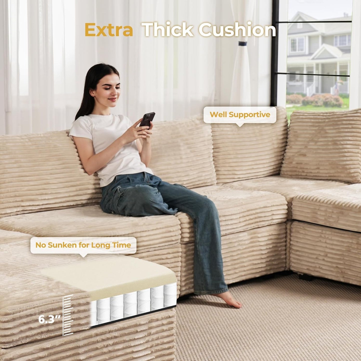 HOOOWOOO Modular Sectional Sofa,5 Pieces Sectional Couches for Living Room,98X55 L Shaped Cloud Couch with Ottoman Chaise Set(Beige Velvet Corduroy)