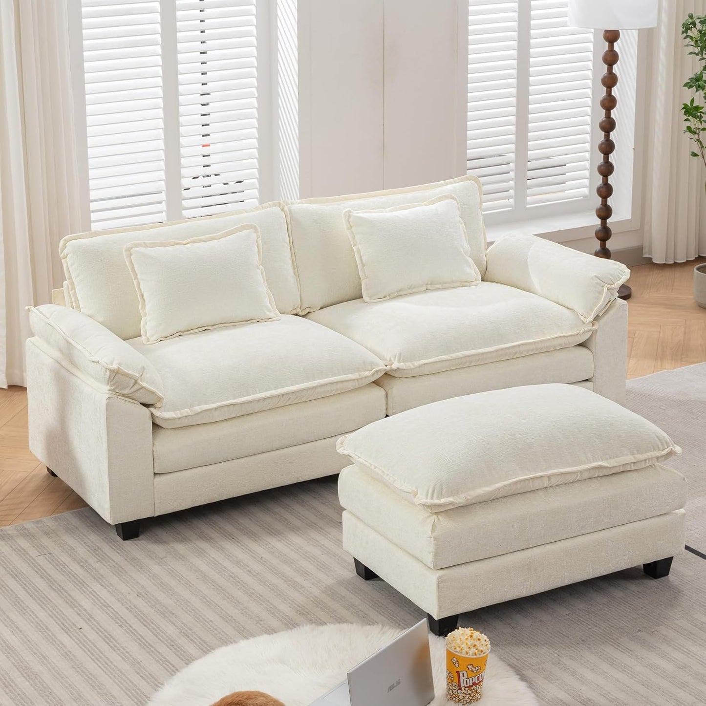 URRED Modular Sectional Sofa Comfy Cloud Couch, Modern Chenille Sofa Sleeper Deep Seat Couches with Ottoman/Pillows for Living Room (White, 82.6''- L Shape)