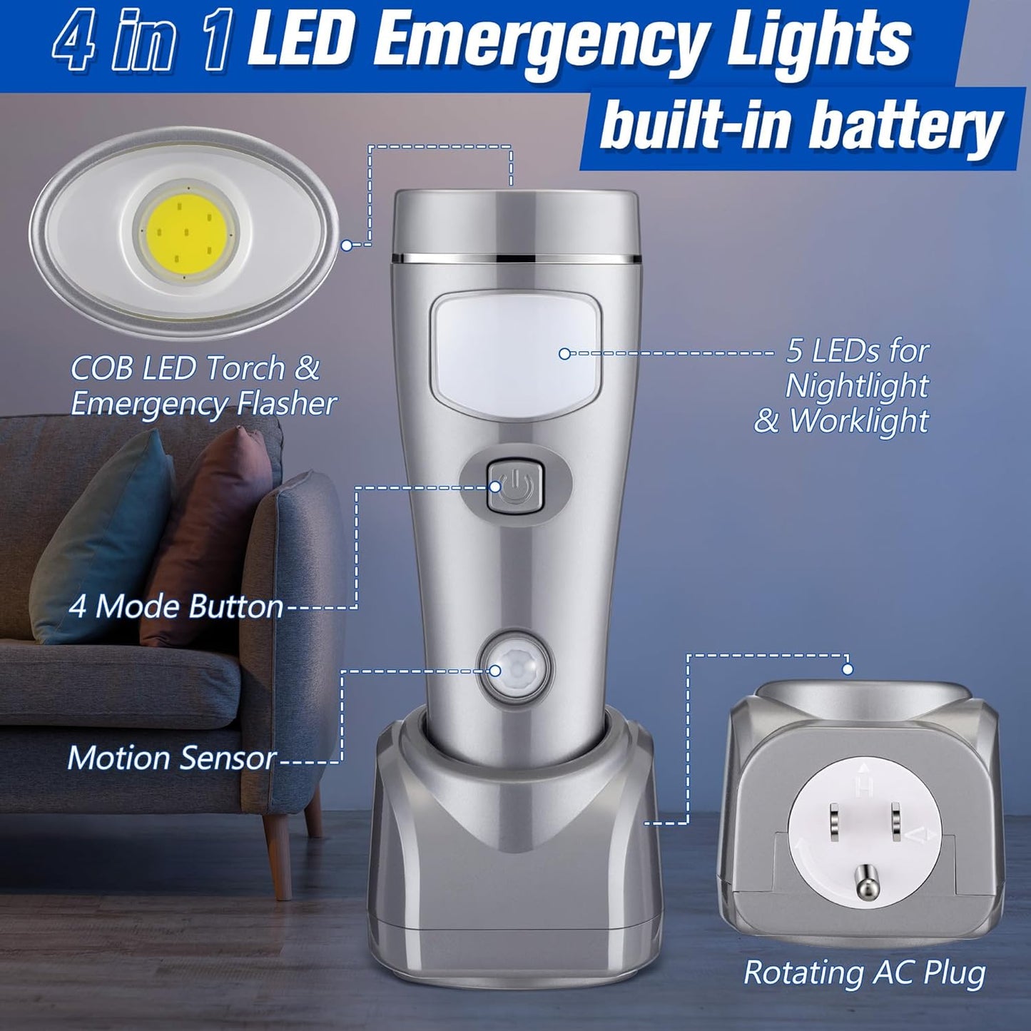 Enhon 6 Pack 4 in 1 LED Emergency Lights for Home Power Failure, Rechargeable Plug in Flashlight Motion Sensor Night Light, Automatic Turn On Power Outage Light for Home Hurricane Supplies