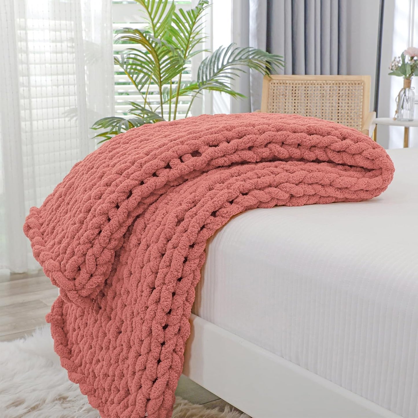 Bigacogo Chunky Knit Throw Blanket for Couch, 40x40 inches, 100% Hand Knitted with Thick Jumbo Chenille Yarn, Cozy Soft Large Rope Knot Cable Crochet Blankets for Sofa Bed Living Room, Antique Red