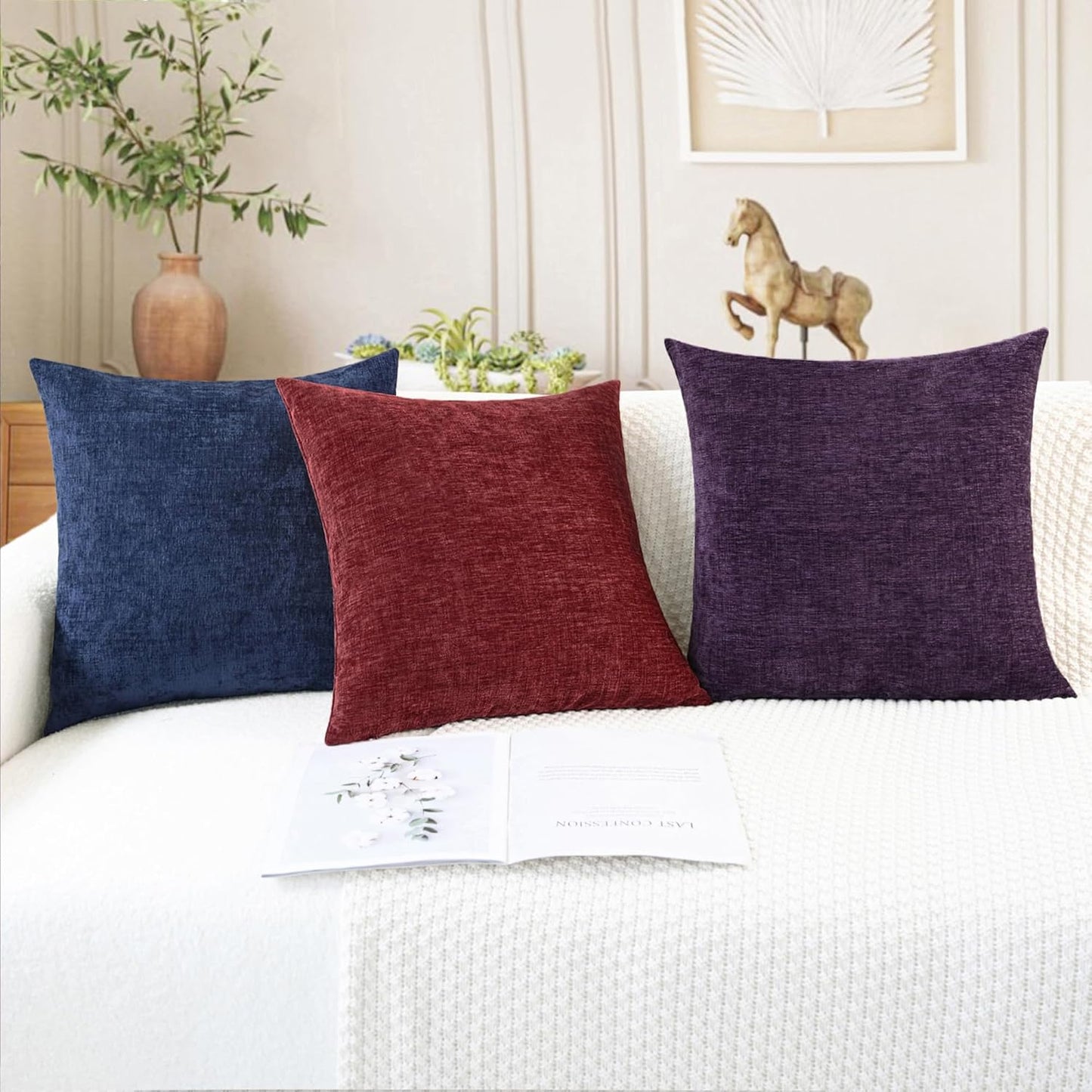CaliTime Throw Pillow Covers Decorative 20 X 20 Inches Pack of 2 Cozy Chenille Cushion Cases for Couch Sofa Bed Living Room Home Plum Purple