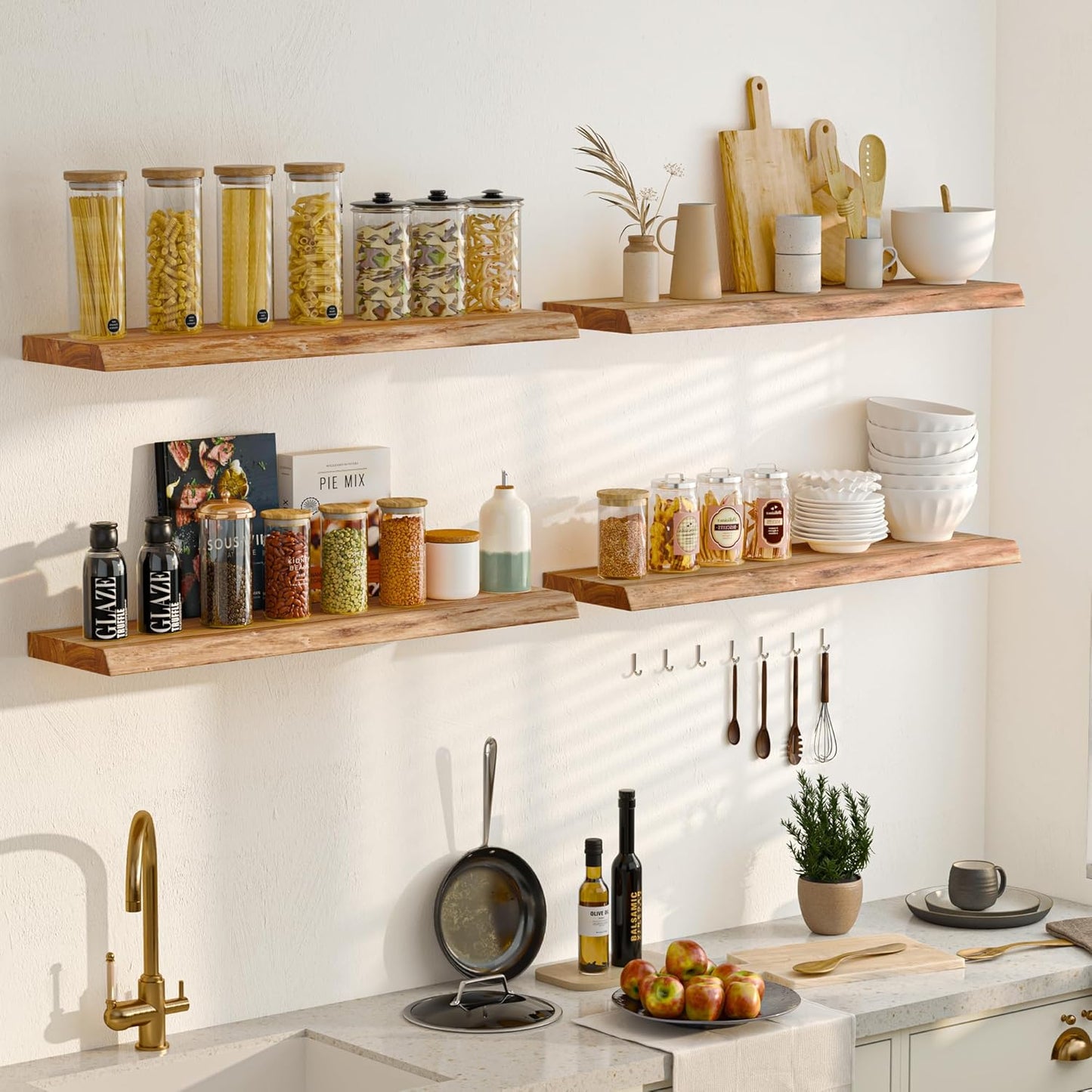 Floating Shelves for Wall, 42" Live Edge Solid Elm Wood Floating Shelf, Wall-Mounted Display Shelves with Invisible Heavy-Duty Metal Bracket, Floating Shelf for Living Room Kitchen, Natural