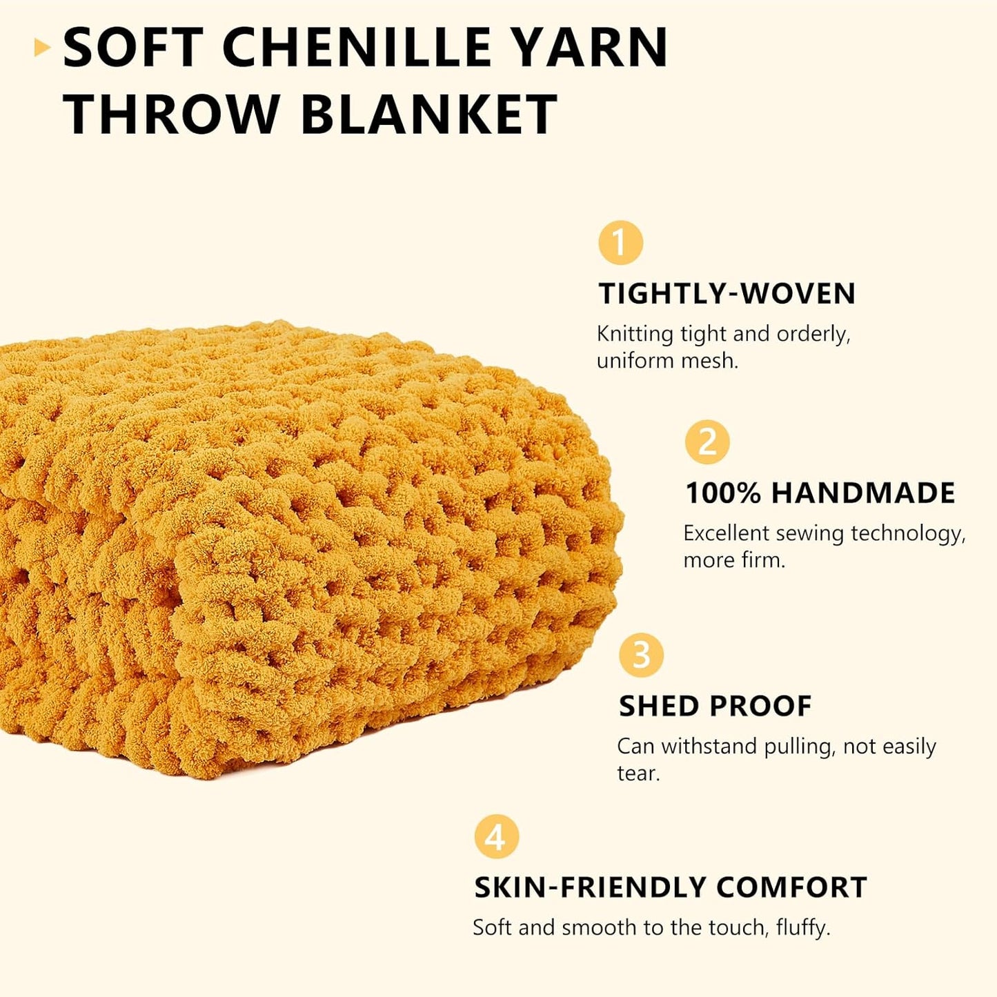 L'AGRATY Chunky Knit Throw Blanket - 40x50: 100% Hand-Knitted Chenile Crochet Blanket For Home Decor (Mustard Yellow)