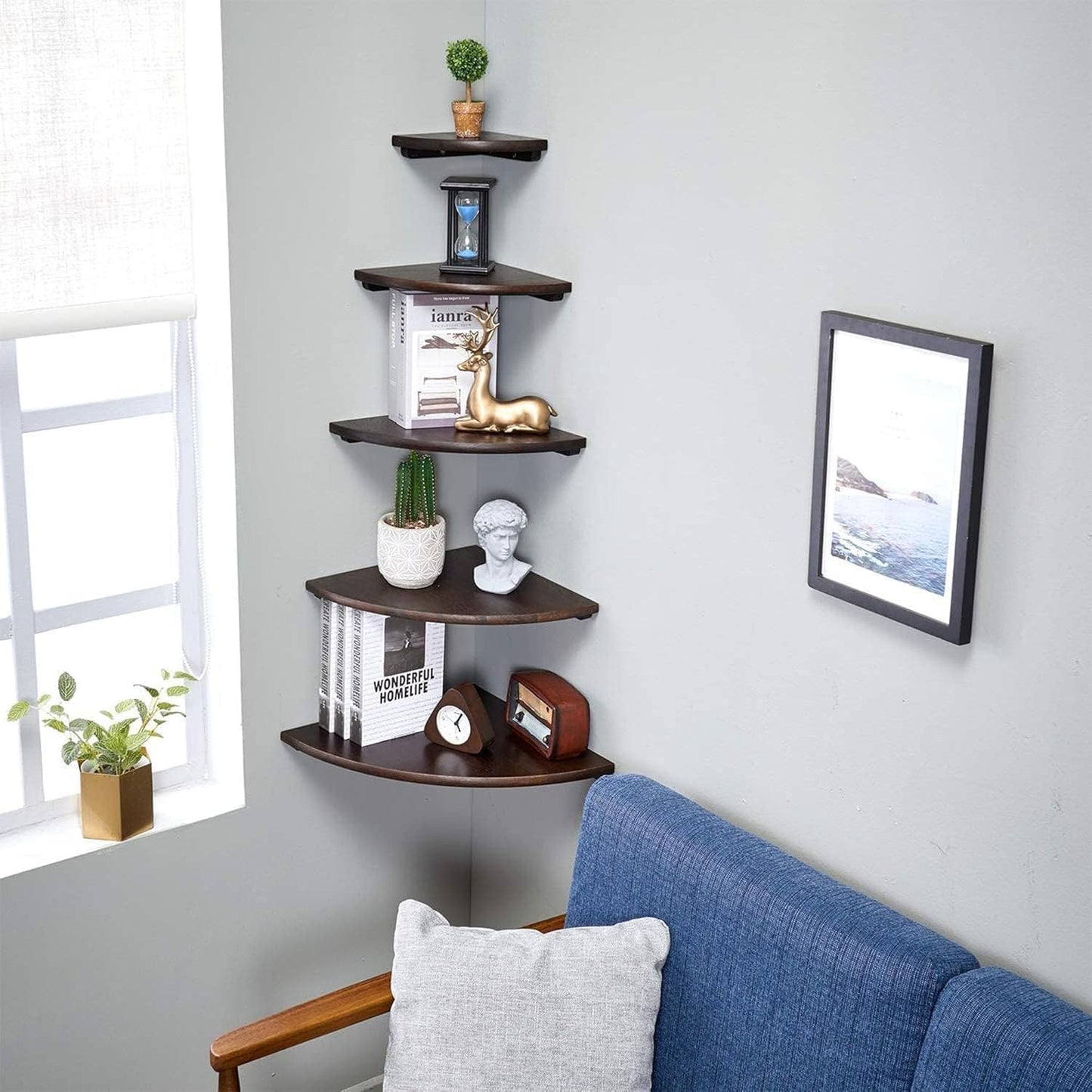 Corner Shelves, Floating Corner Shelf, Set of 2 Solid Oak Wood Wall Shelves, Round End Wall Mount with Wire Hole Shelving for Small Plant for Bedroom Kitchen, Living Room Walnut 8.7”