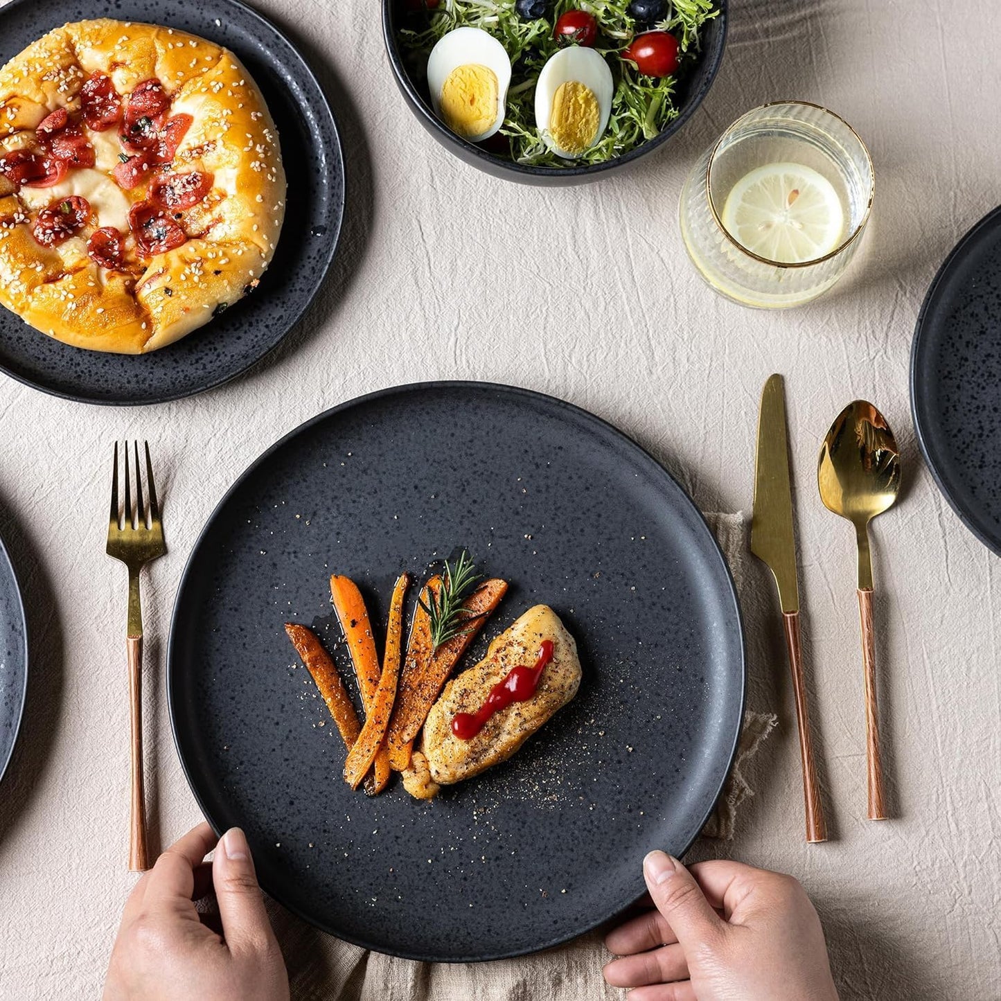 AmorArc Dinnerware Sets for 8, Wavy Rim Plates and Bowls Sets, Highly Chip and Crack Resistant | Dishwasher & Microwave & Oven Safe Dishes set, Service for 8 (24pc)