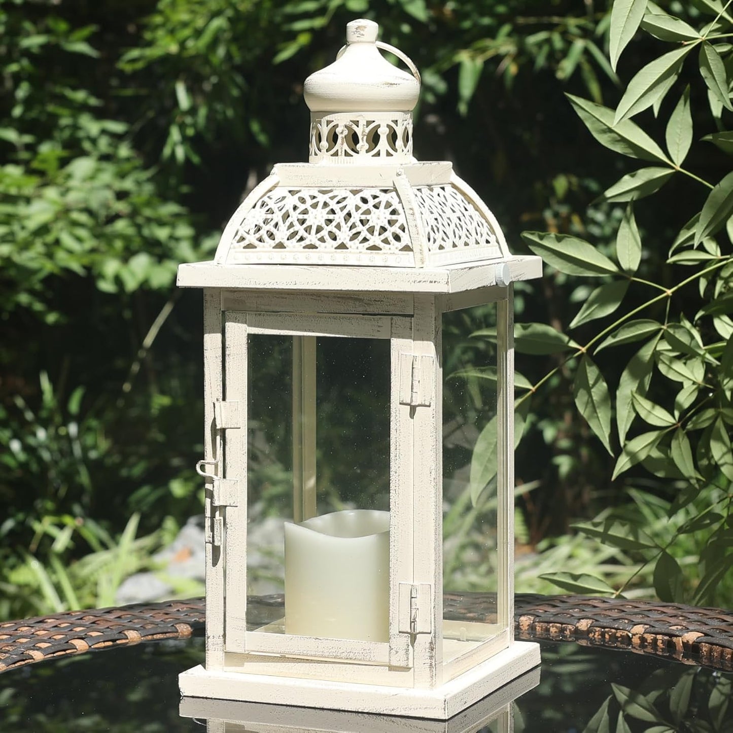 DECORKEY Lantern Decorative Indoor&Outdoor, 14.4'' Large Metal Candle Lanterns, Vintage Hanging Candle Holders Farmhouse Shelf Wedding Front Porch Patio Decor, Halloween Christmas Decorations for Home