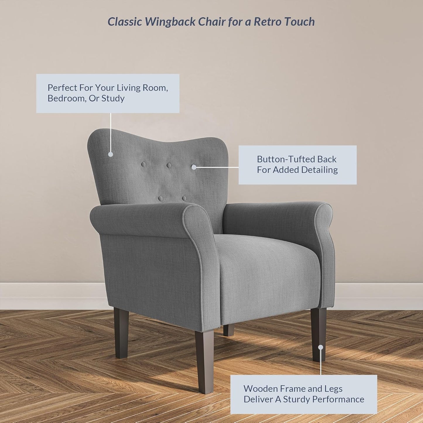 BELLEZE Modern Accent Chair, High Back Armchair, Upholstered Wingback Side Chair, Padded Single Sofa with Wooden Legs for Living Room, Bedroom - Gray