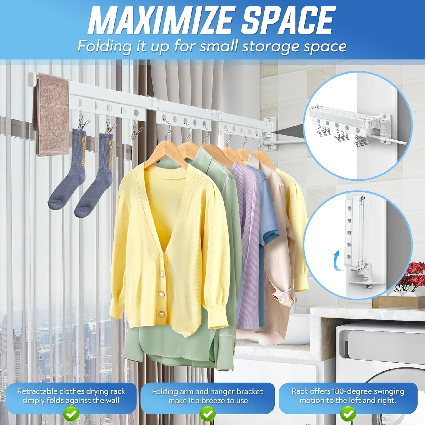 Clothes Drying Rack Wall Mounted, Retractable Space-Saving Foldable Laundry Drying Rack for Indoor & Outdoor Use - Laundry Rooms, Bathroom & Balconies,Includes 10 Clothespins(White)