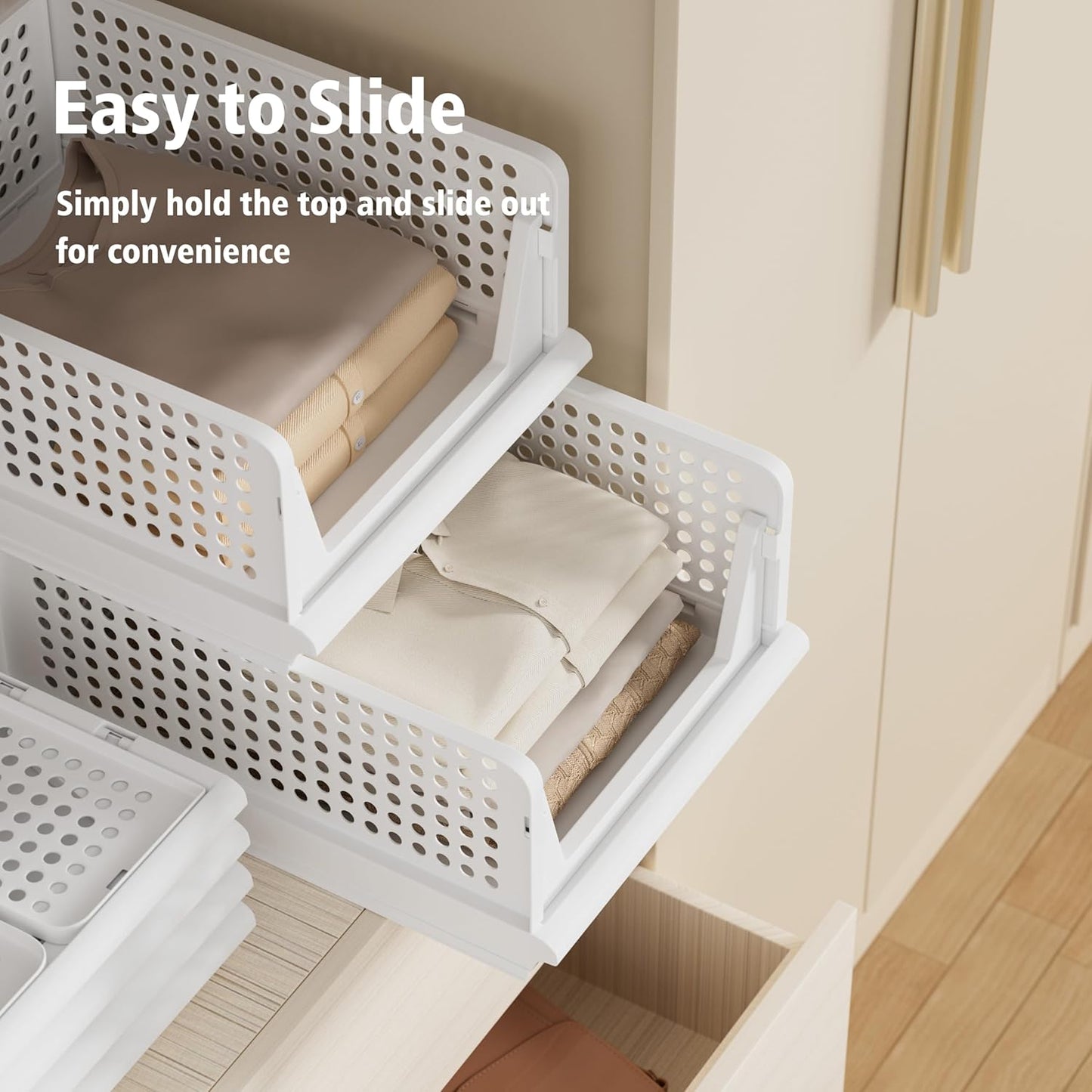 4 Pack Stackable Plastic Storage Basket Closet Organizer Bin Foldable Clothes Organizer Storage Drawer Shelf Container for Living Room Bathroom Kitchen Office (2L+2S)