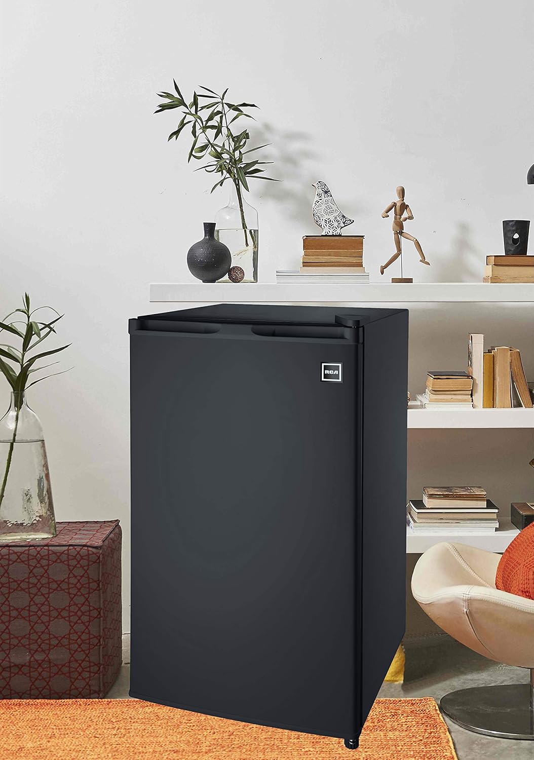 RCA RFR321-B-Black-COM RFR321 Single Mini Refrigerator-Freezer Compartment-Adjustable Thermostat Control-Reversible Doors-Ideal for Dorm, Office, RV, Garage, Apartment-Black Cubic Feet, 3.2 CU.FT