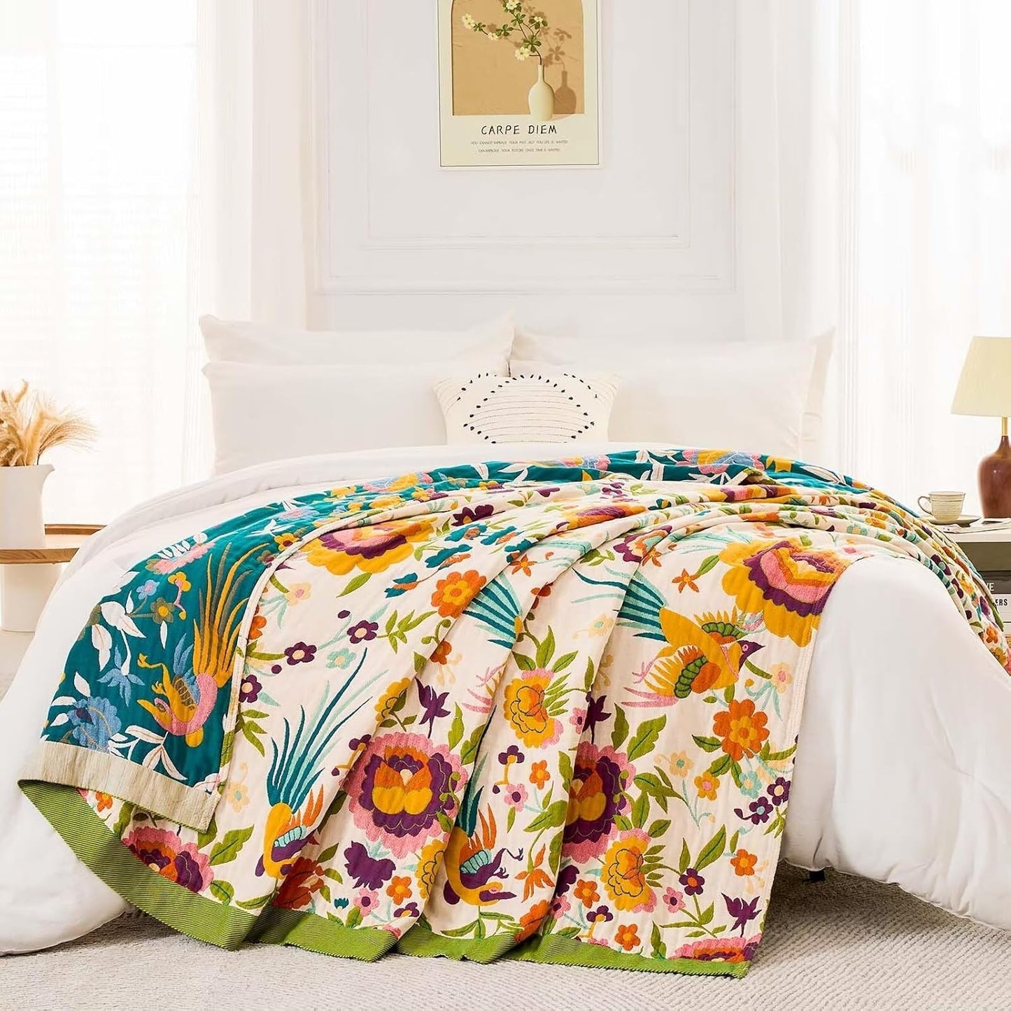 Boho Throw Blanket for Bed, 100% Cotton Soft Rustic Quilt Fall Blanket, 80" 90" Floral Printed Farmhouse Decor Bed Blankets, All Season Rustic Reversible Bohemian Throw Quilt