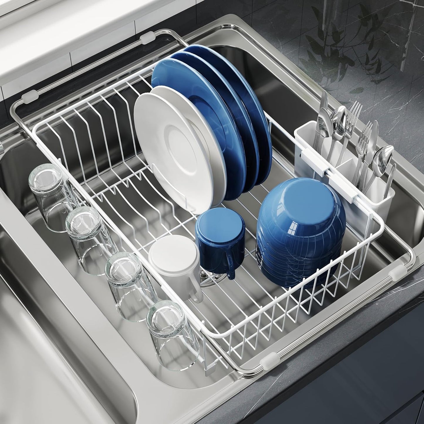 Dish Drying Rack in Sink, Small Dish Drainers for Inside Sink, Over The Sink Dish Racks, Stainless Steel Drying Rack with Utensil Holder, White