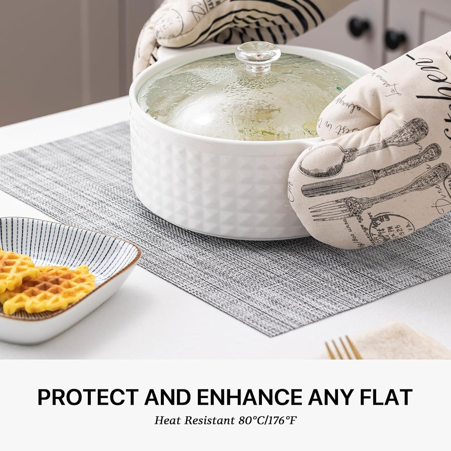 LEXMORE Placemats Set of 12 Vinyl/Plastic Woven Place Mats for Kitchen Table Indoor/Outdoor Washable Placemat Wipeable Dining Table Mats(A-Gray)