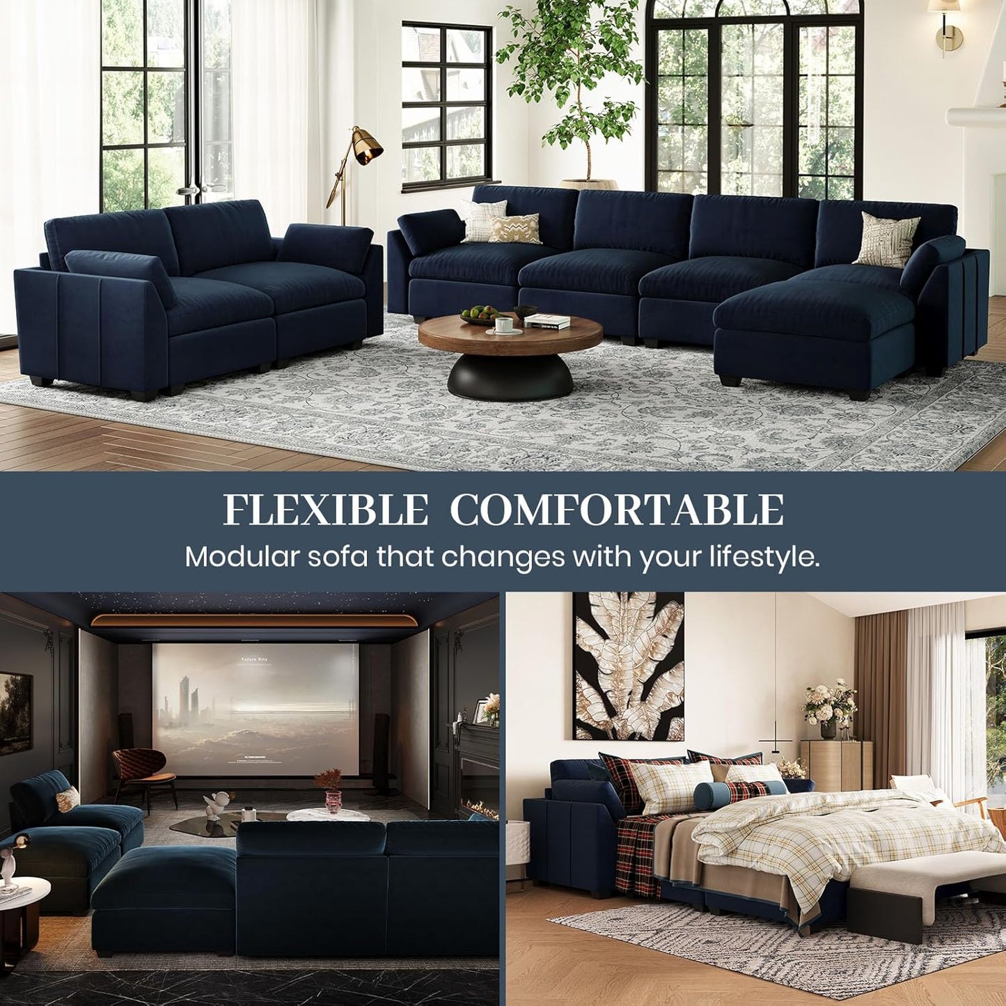 Belffin Oversized Sectional Couch with Movable Ottoman,Modern 137.8" 9-Seater Modular Sectional Sofa,Convertible Velvet U Shaped Sectional Couches for Living Room,Blue