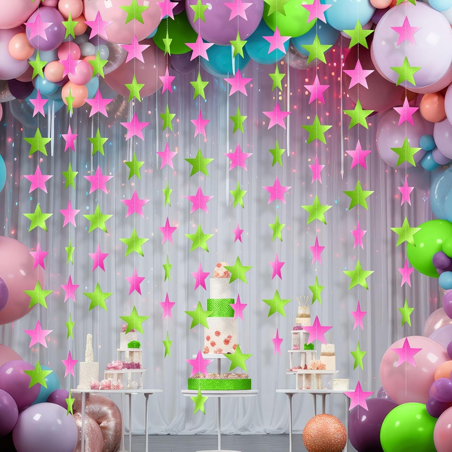 Patelai Glitter Star Garland Banner Decor 130 Feet Star Hanging Bunting Banner Twinkle Backdrop for Homecoming Classroom Wedding Birthday Halloween Christmas Party Supplies(Pink,Green)