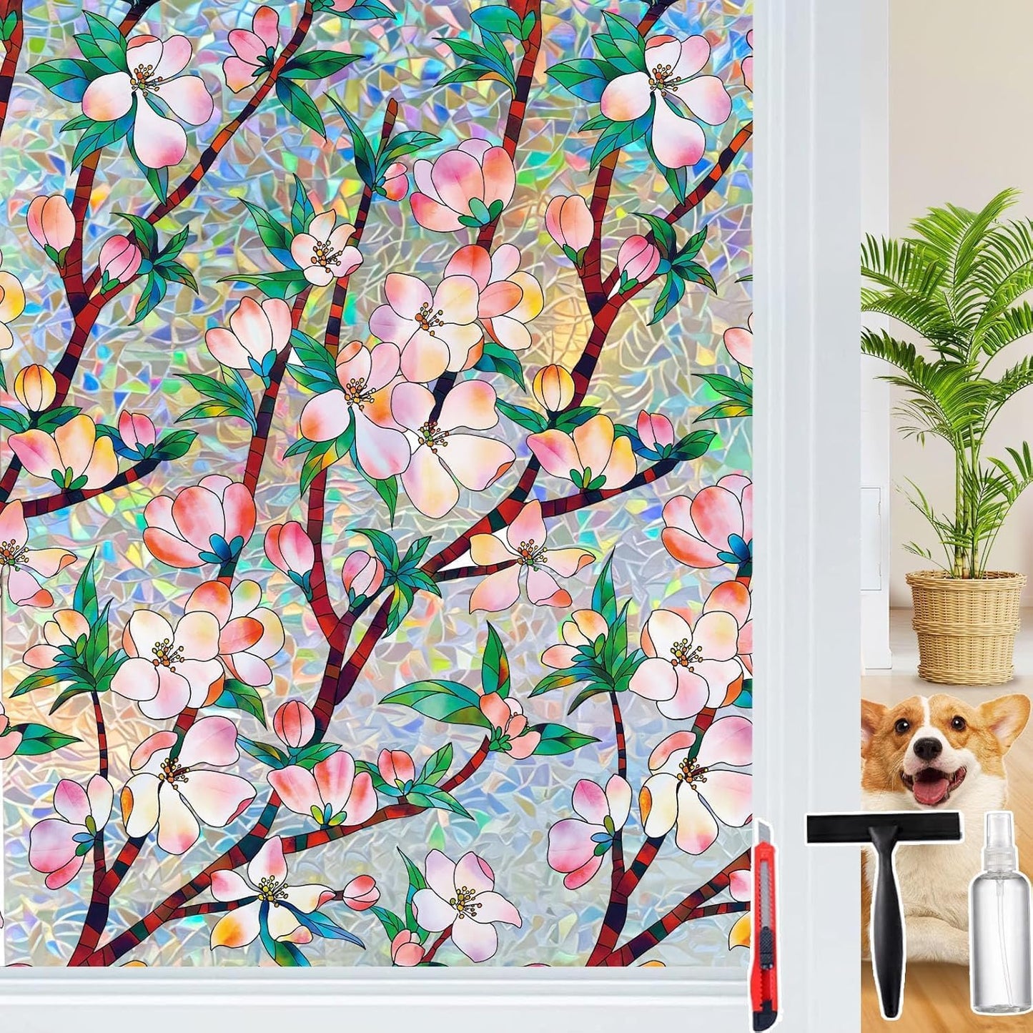 Rainbow Window Privacy Film Decorative, 3D Decals Stained Glass Clings, Static Cling Sticker, Suncatcher Windows Cover Tint for Home, 47.2 Inch x 78.74 Inch