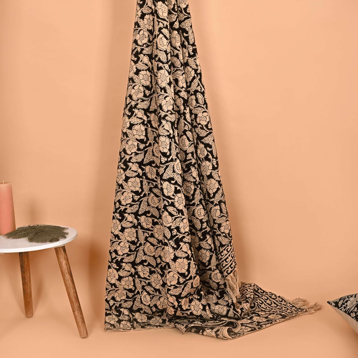 Handmade Cotton Throw Blanket 48x70 Inches | Black & Beige Floral Block Print Decorative Sofa Throw with Tassels | Large Lightweight Cotton Bedspread for Living Room, Couch, or Bedroom