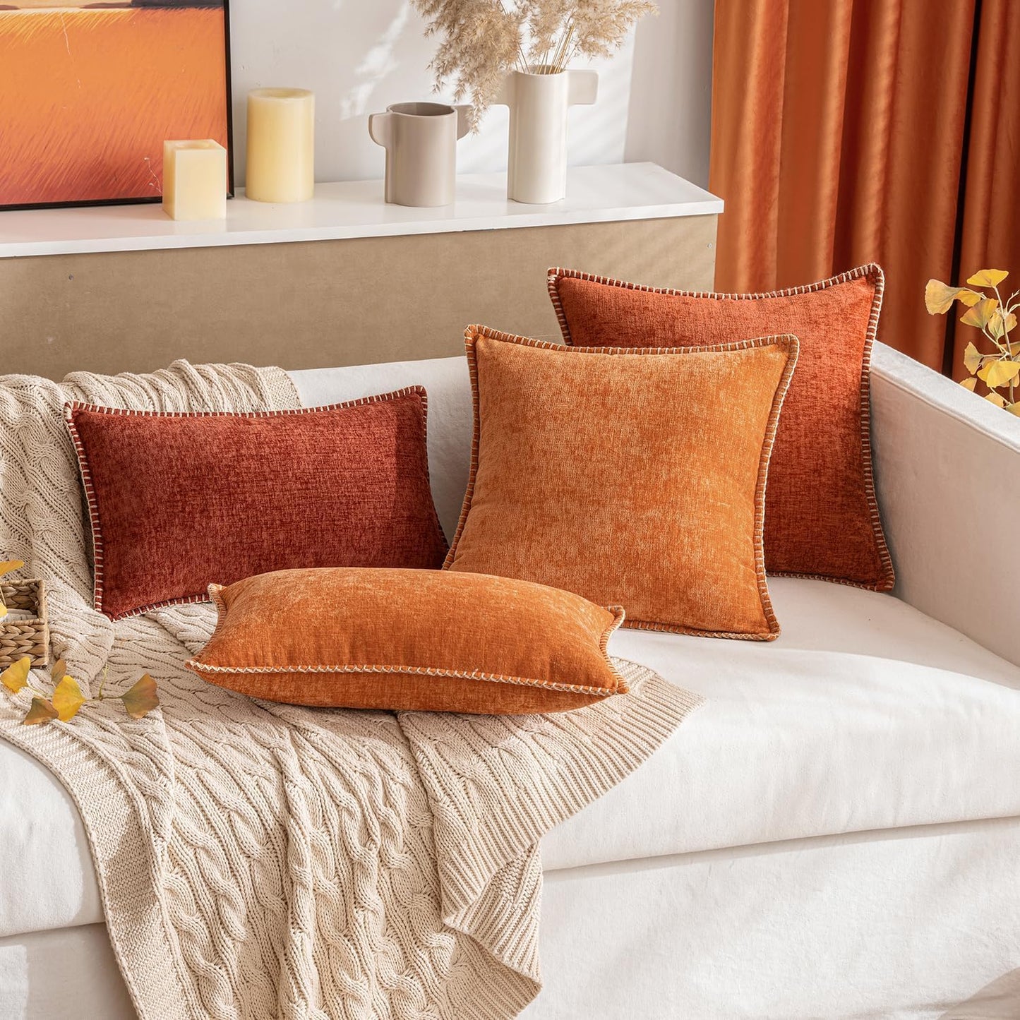 MIULEE Pack of 2 Fall Couch Throw Pillow Covers 16x16 Inch Rust Farmhouse Decorative Pillow Covers with Stitched Edge Soft Chenille Solid Dyed Pillow Covers for Sofa Bed Living Room